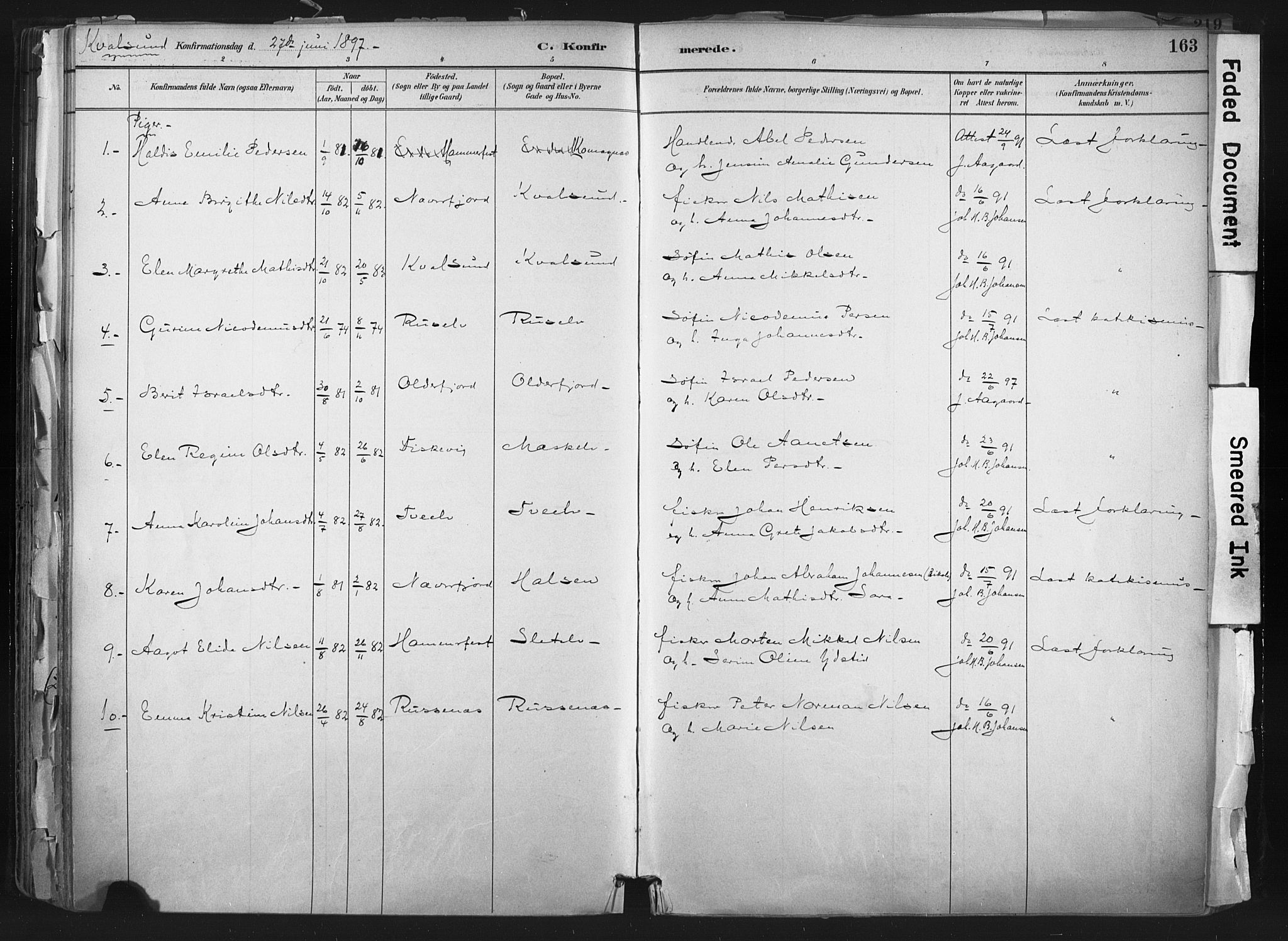 Hammerfest sokneprestkontor, AV/SATØ-S-1347/H/Ha/L0011.kirke: Ministerialbok nr. 11 /2, 1885-1897, s. 163