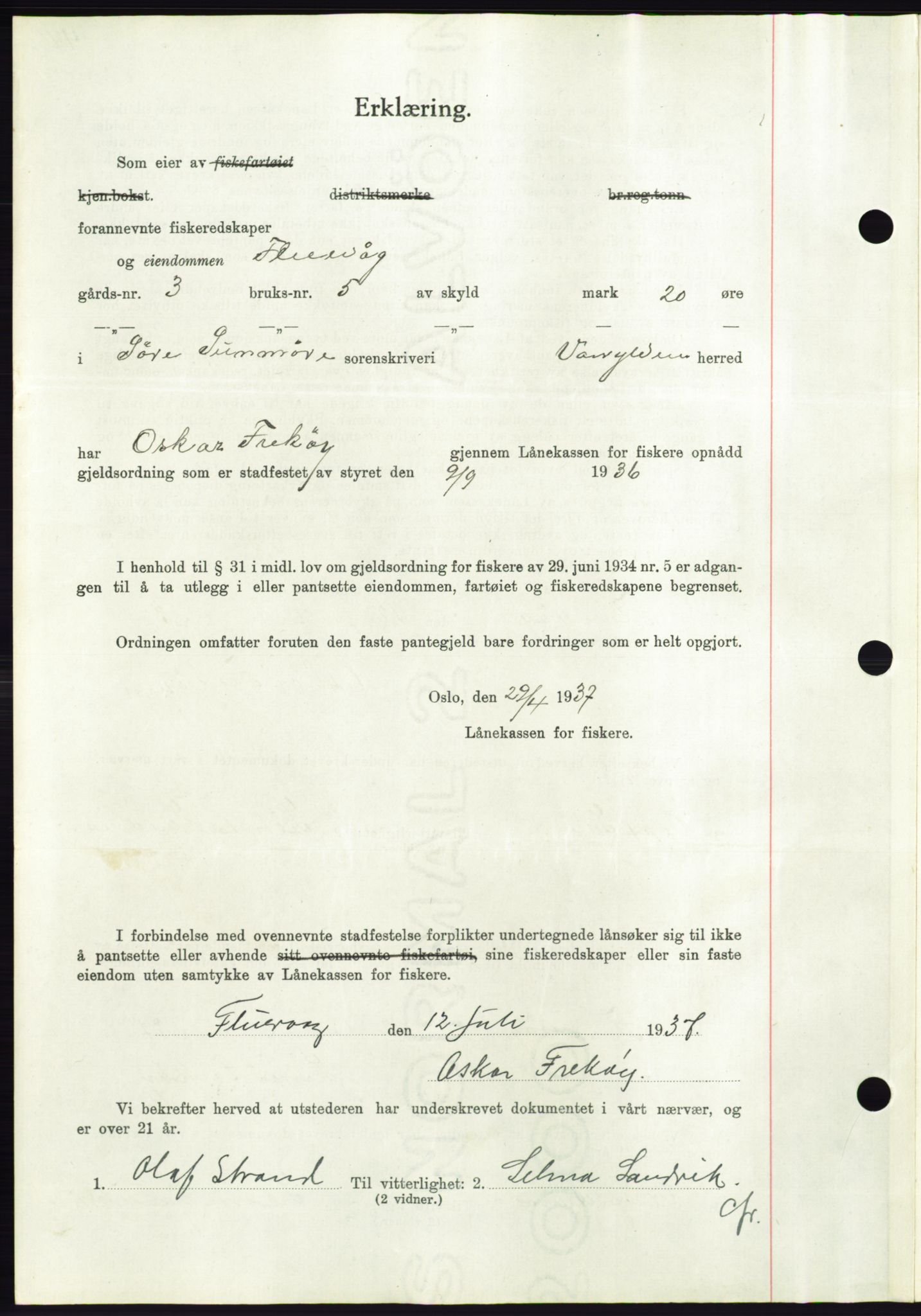 Søre Sunnmøre sorenskriveri, AV/SAT-A-4122/1/2/2C/L0063: Pantebok nr. 57, 1937-1937, Dagboknr: 1142/1937