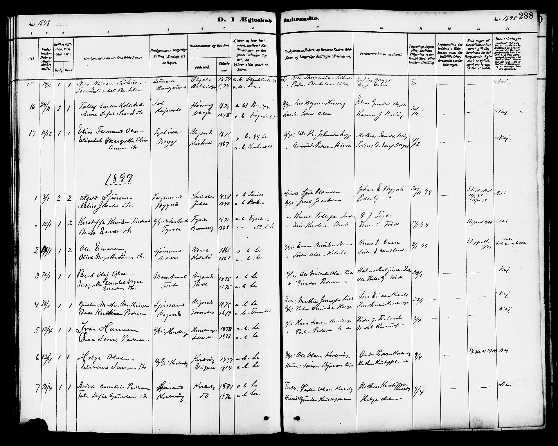 Avaldsnes sokneprestkontor, AV/SAST-A -101851/H/Ha/Hab/L0007: Klokkerbok nr. B 7, 1885-1909, s. 288