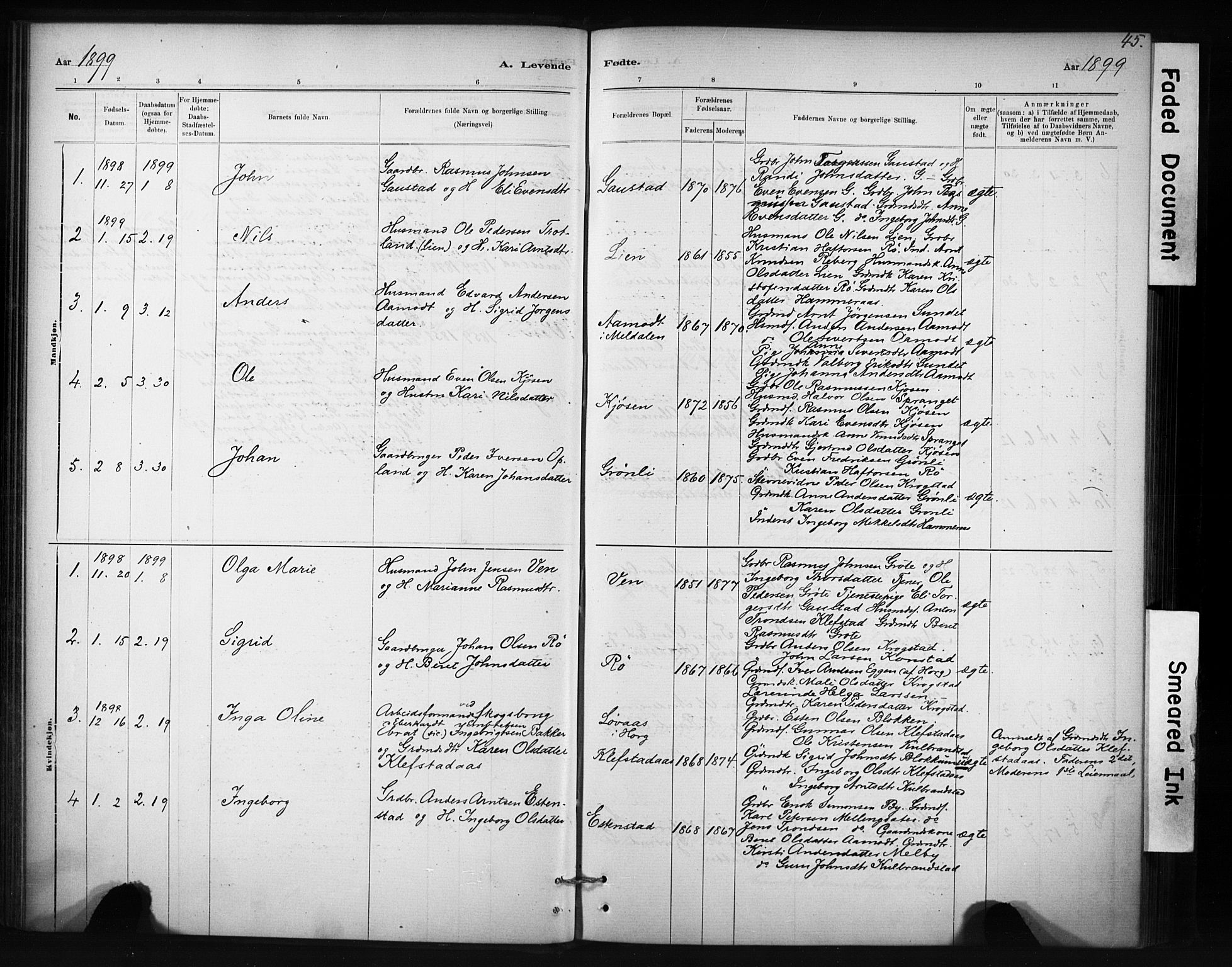 Ministerialprotokoller, klokkerbøker og fødselsregistre - Sør-Trøndelag, AV/SAT-A-1456/694/L1127: Ministerialbok nr. 694A01, 1887-1905, s. 45