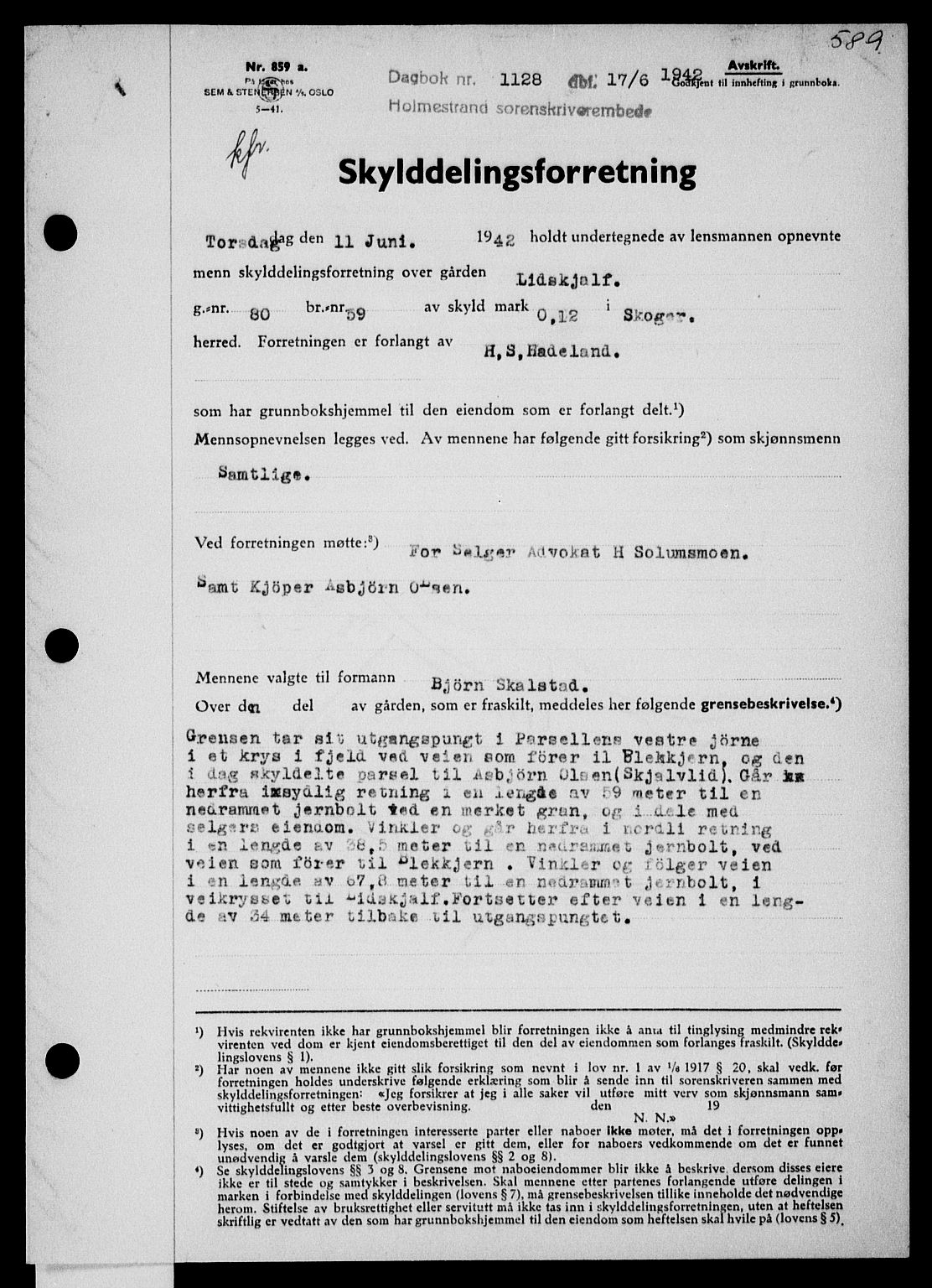 Holmestrand sorenskriveri, SAKO/A-67/G/Ga/Gaa/L0055: Pantebok nr. A-55, 1942-1942, Dagboknr: 1128/1942