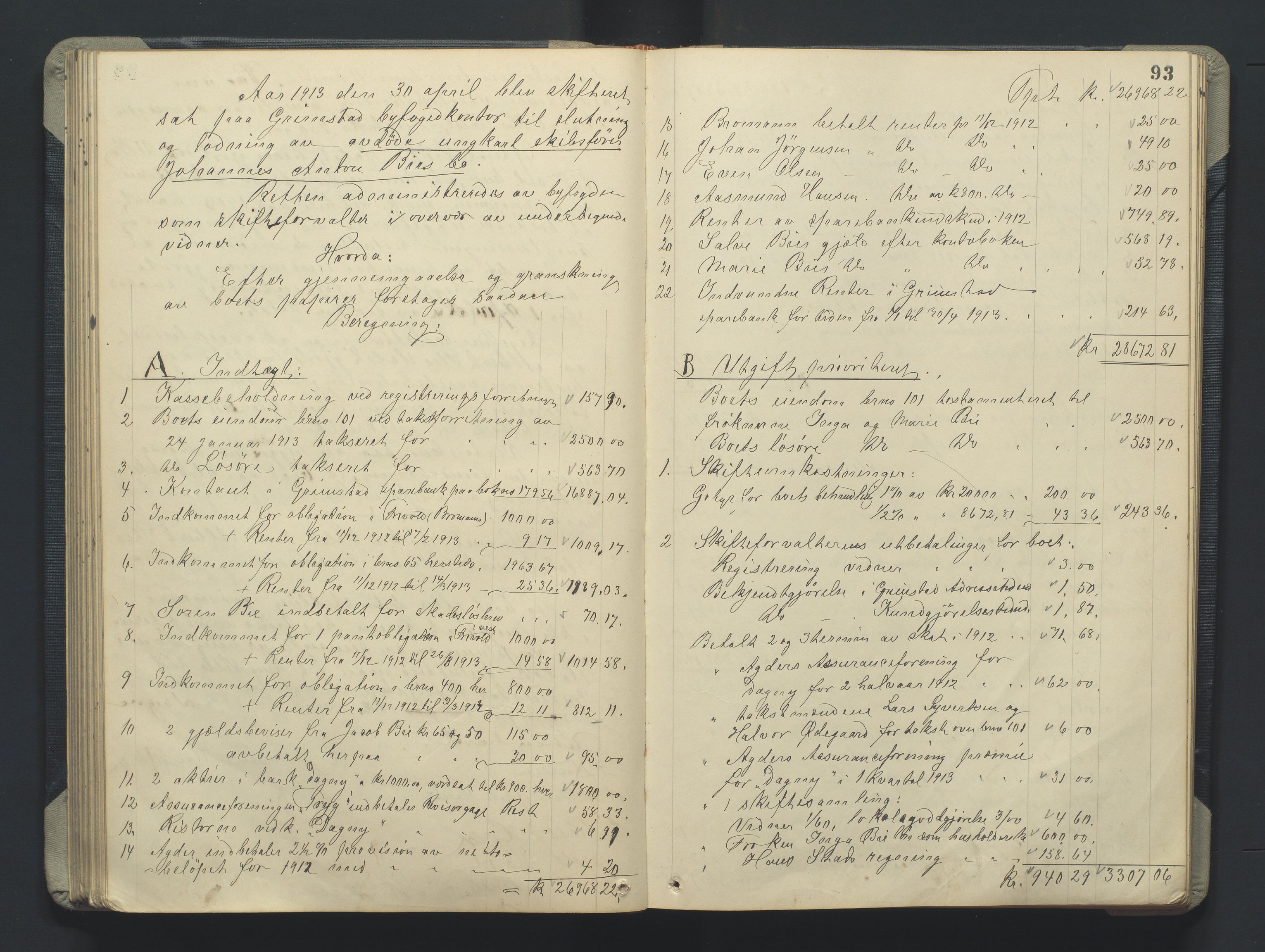 Grimstad byfogd, AV/SAK-1222-0003/H/Hc/L0009: Skifteprotokoll nr. 9, 1908-1918, s. 93