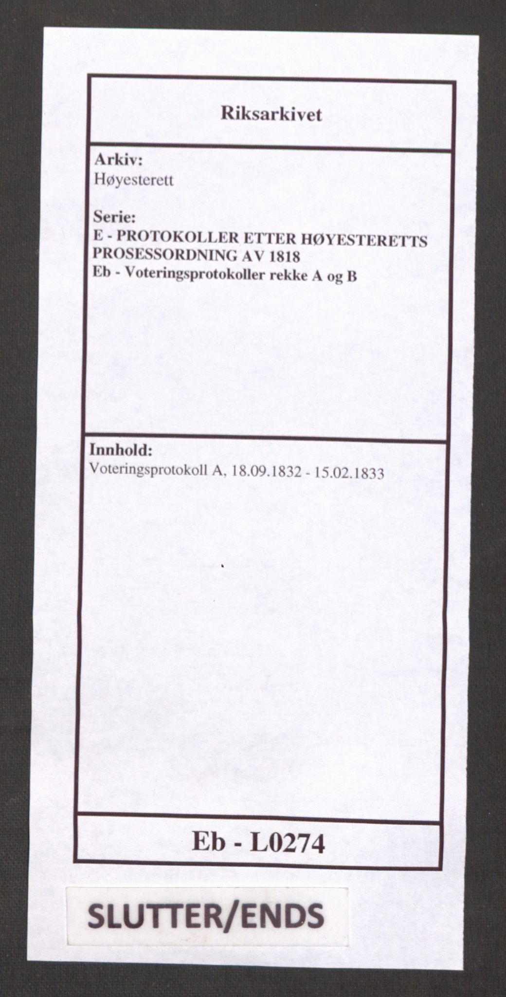 Høyesterett, AV/RA-S-1002/E/Eb/Ebb/L0021/0001: Voteringsprotokoller / Voteringsprotokoll, 1832-1833