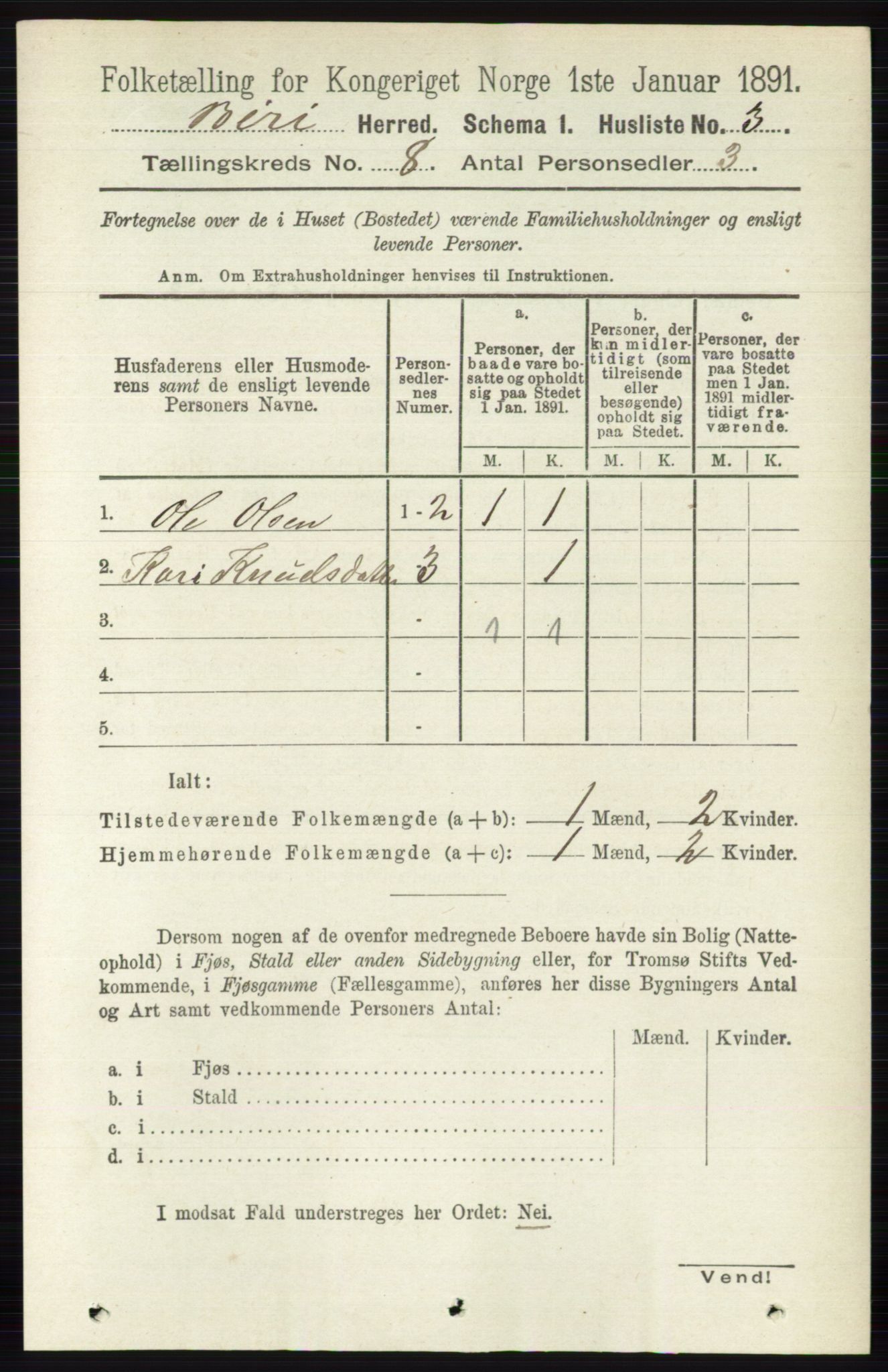 RA, Folketelling 1891 for 0525 Biri herred, 1891, s. 2839