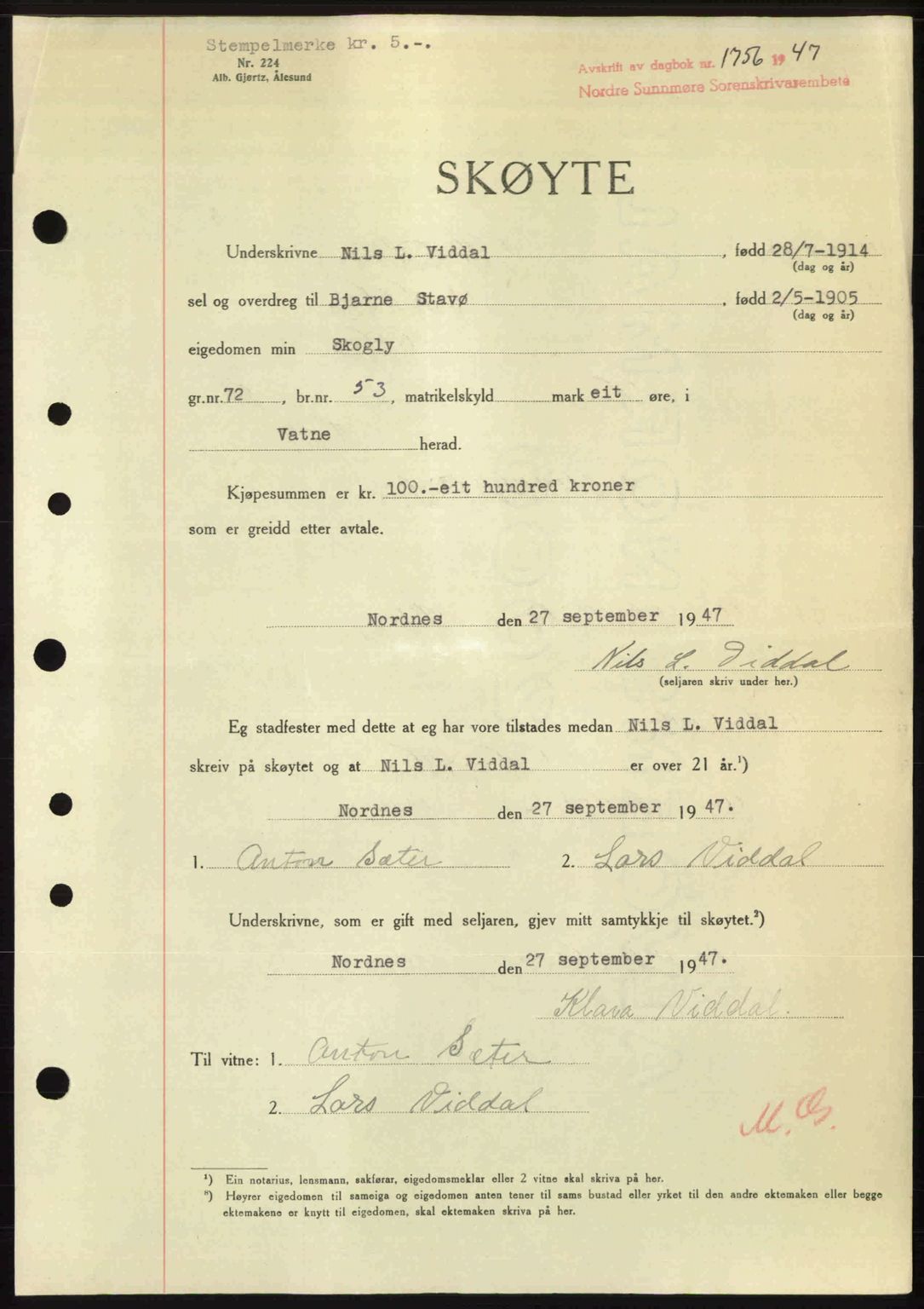 Nordre Sunnmøre sorenskriveri, AV/SAT-A-0006/1/2/2C/2Ca: Pantebok nr. A25, 1947-1947, Dagboknr: 1756/1947