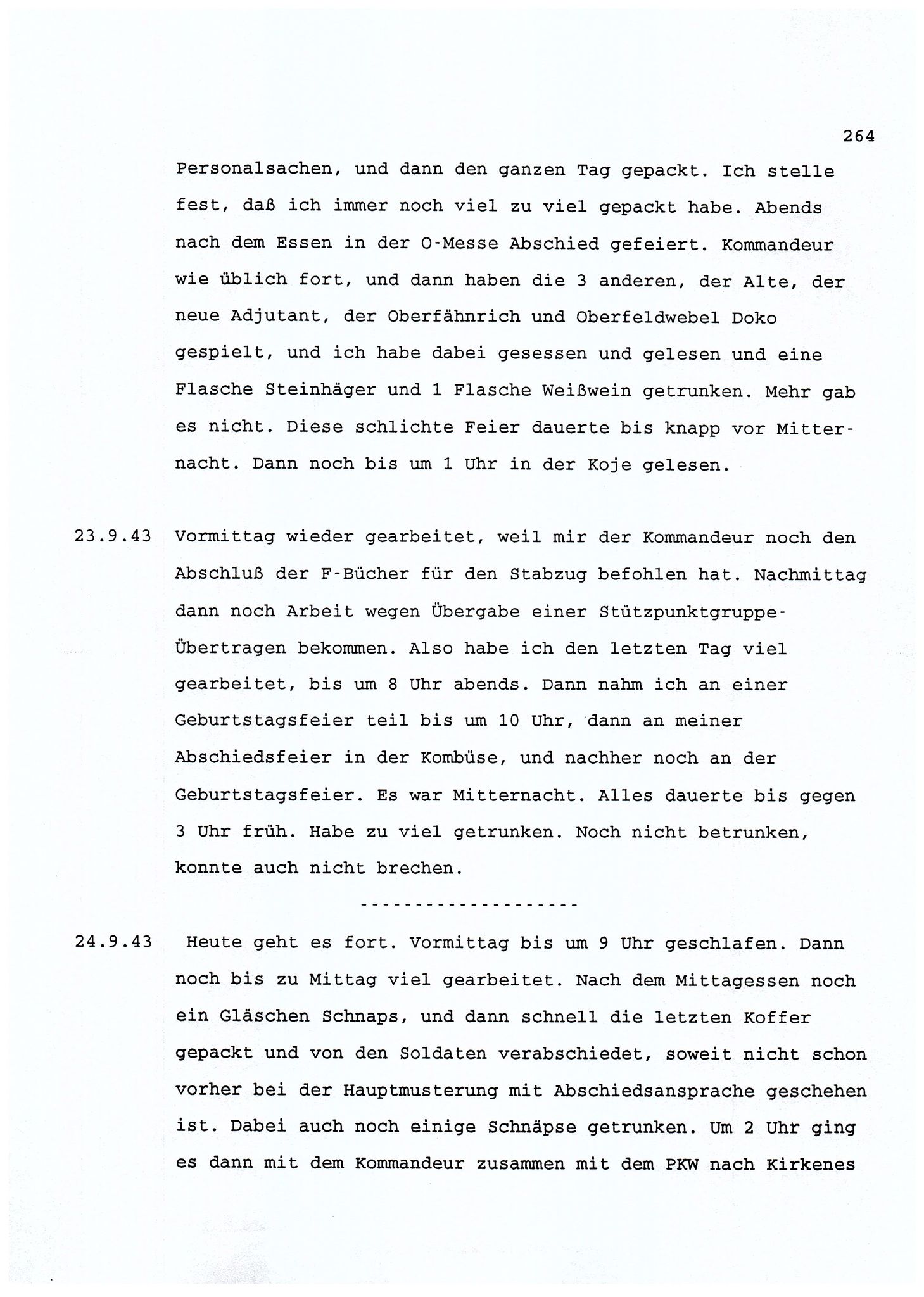 Dagbokopptegnelser av en tysk marineoffiser stasjonert i Norge , FMFB/A-1160/F/L0001: Dagbokopptegnelser av en tysk marineoffiser stasjonert i Norge, 1941-1944, s. 264