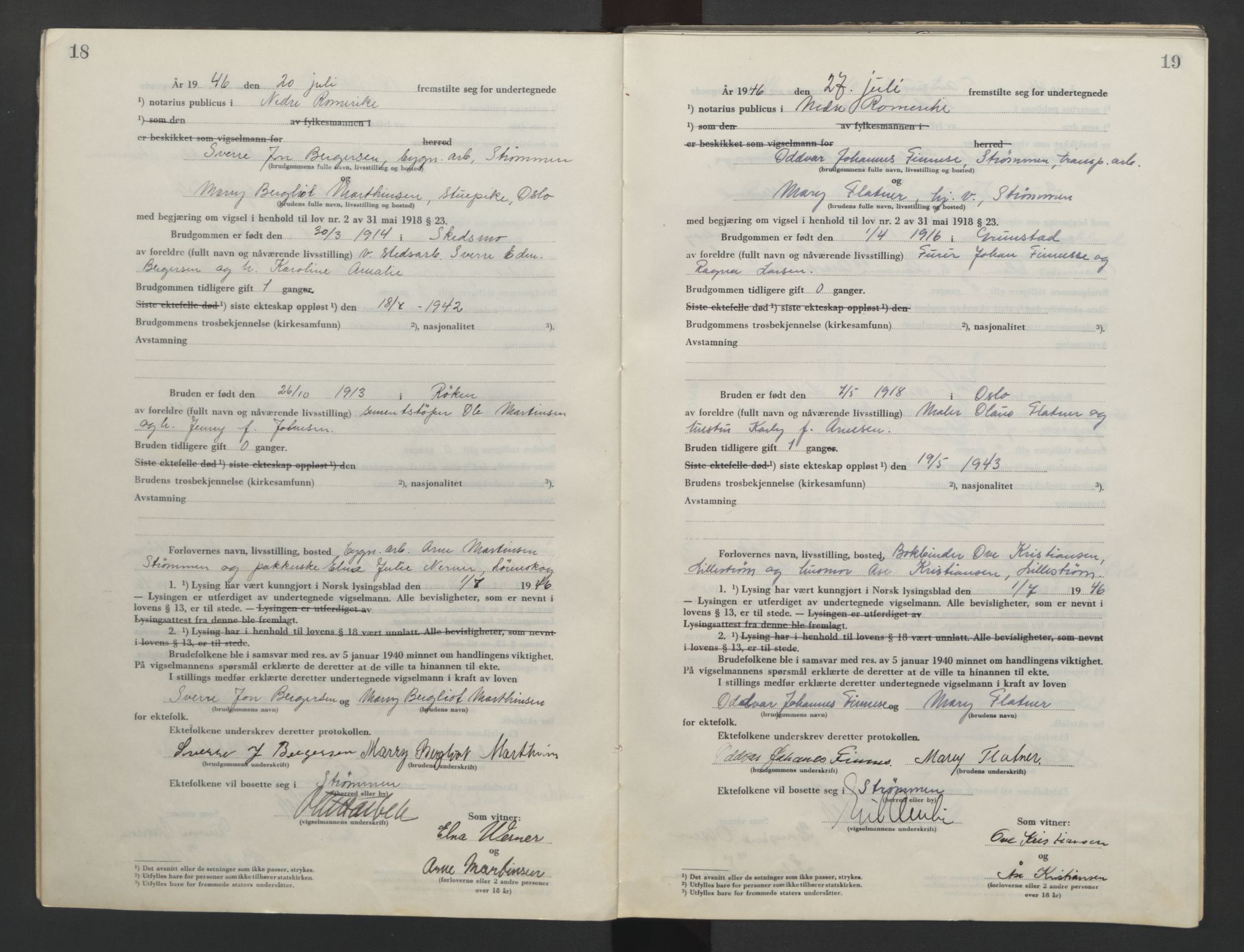 Nedre Romerike sorenskriveri, AV/SAO-A-10469/L/Lb/L0007: Vigselsbok - borgerlige vielser, 1946-1950, s. 18-19
