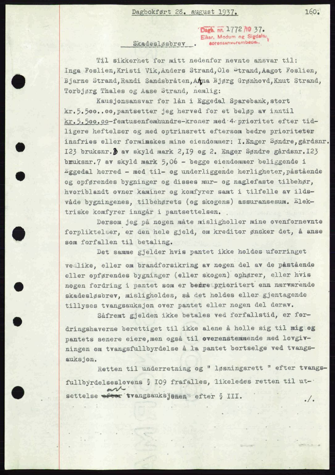 Eiker, Modum og Sigdal sorenskriveri, SAKO/A-123/G/Ga/Gab/L0036: Pantebok nr. A6, 1937-1937, Dagboknr: 1772/1937