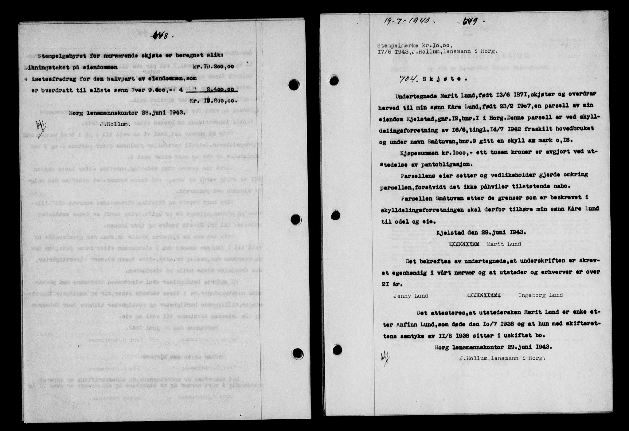Gauldal sorenskriveri, SAT/A-0014/1/2/2C/L0056: Pantebok nr. 61, 1942-1943, Dagboknr: 704/1943