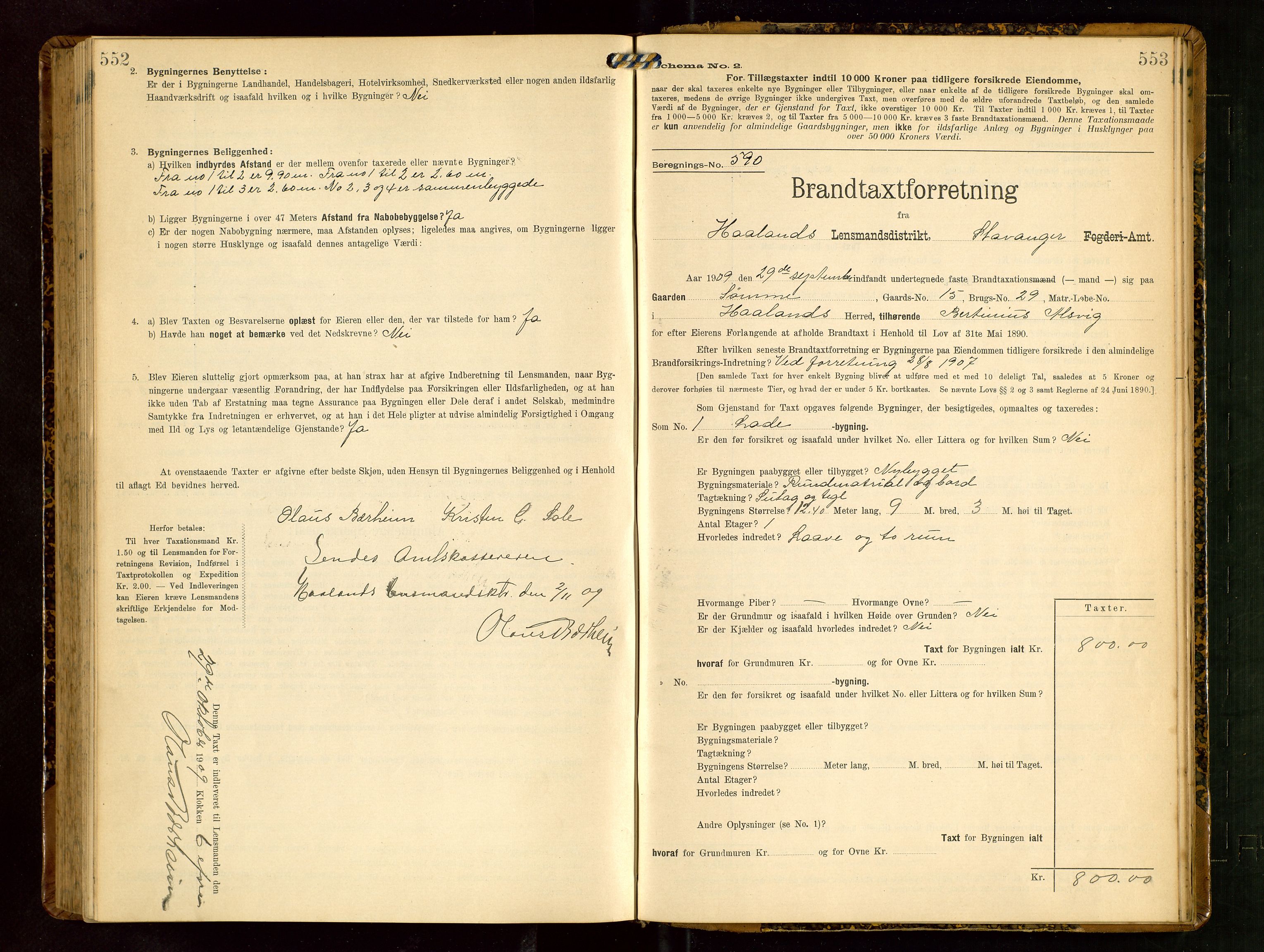 Håland lensmannskontor, AV/SAST-A-100100/Gob/L0003: Branntakstprotokoll - skjematakst. Register i boken., 1909-1910, s. 552-553