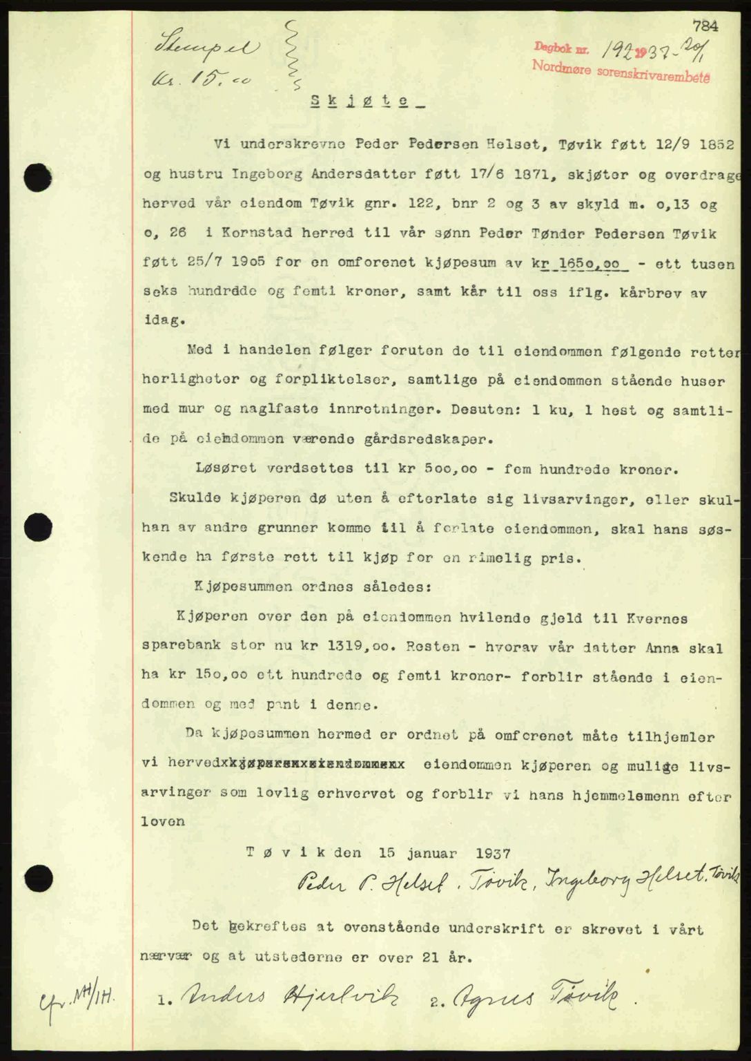 Nordmøre sorenskriveri, SAT/A-4132/1/2/2Ca: Pantebok nr. A80, 1936-1937, Dagboknr: 192/1937