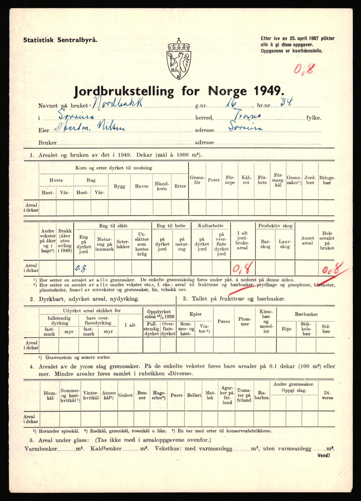 Statistisk sentralbyrå, Næringsøkonomiske emner, Jordbruk, skogbruk, jakt, fiske og fangst, AV/RA-S-2234/G/Gc/L0440: Troms: Sørreisa og Dyrøy, 1949, s. 14