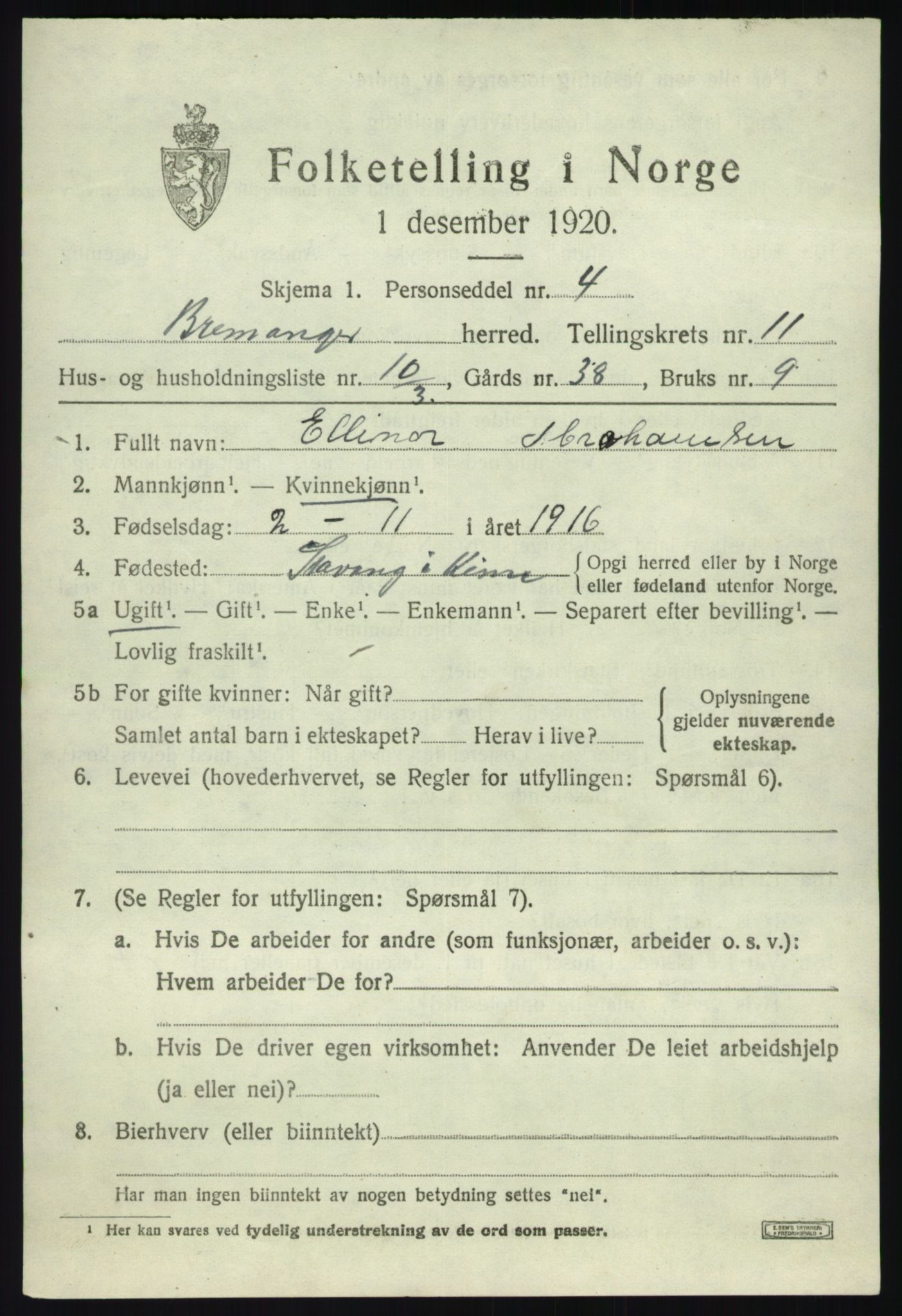 SAB, Folketelling 1920 for 1438 Bremanger herred, 1920, s. 5882