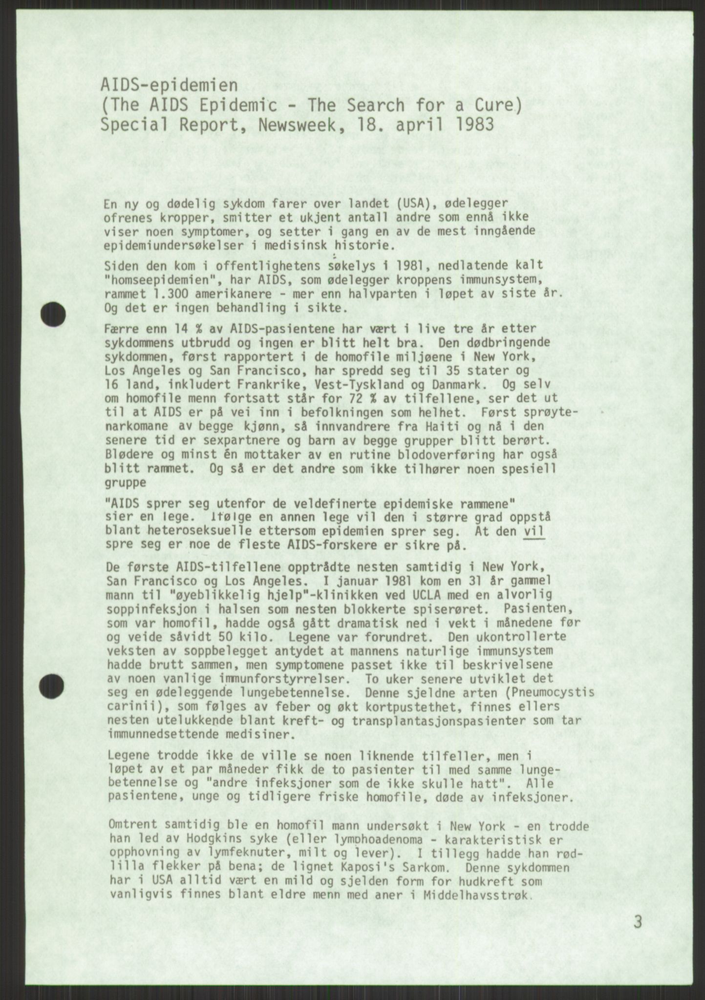 Det Norske Forbundet av 1948/Landsforeningen for Lesbisk og Homofil Frigjøring, AV/RA-PA-1216/D/Db/L0001: Aids, 1983-1987, s. 107