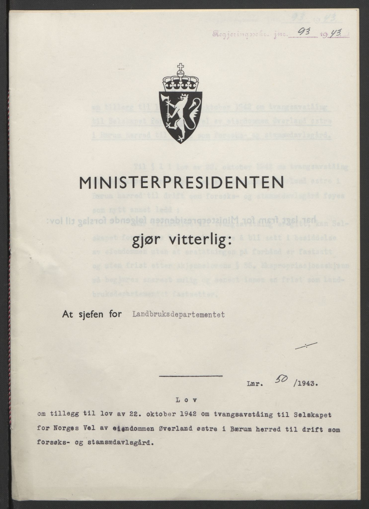 NS-administrasjonen 1940-1945 (Statsrådsekretariatet, de kommisariske statsråder mm), AV/RA-S-4279/D/Db/L0099: Lover, 1943, s. 219