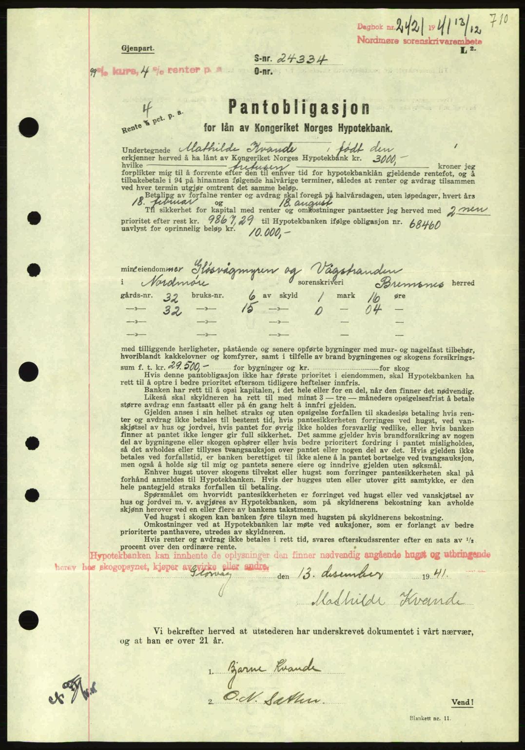 Nordmøre sorenskriveri, SAT/A-4132/1/2/2Ca: Pantebok nr. B88, 1941-1942, Dagboknr: 2421/1941