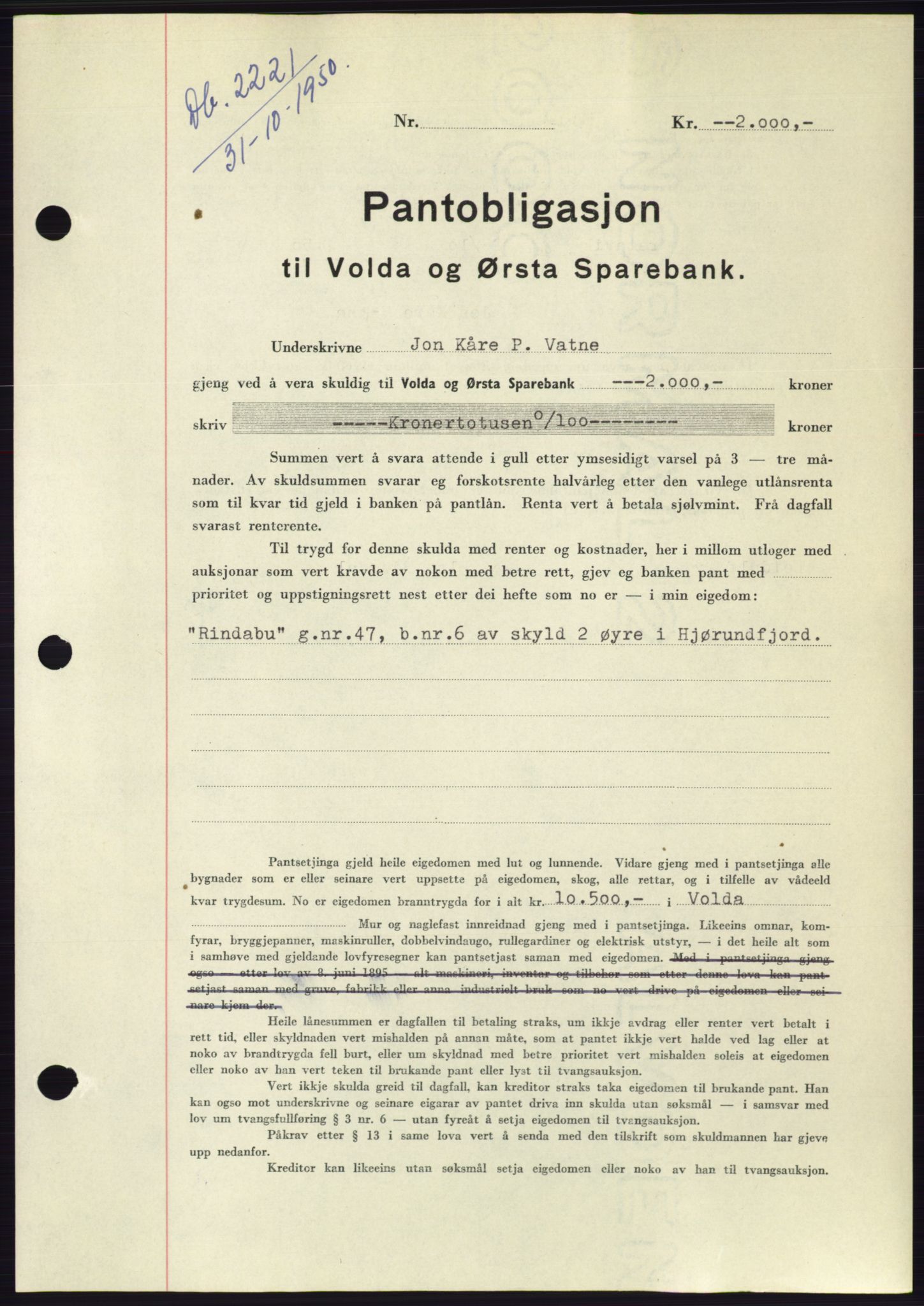 Søre Sunnmøre sorenskriveri, AV/SAT-A-4122/1/2/2C/L0119: Pantebok nr. 7B, 1950-1951, Dagboknr: 2221/1950