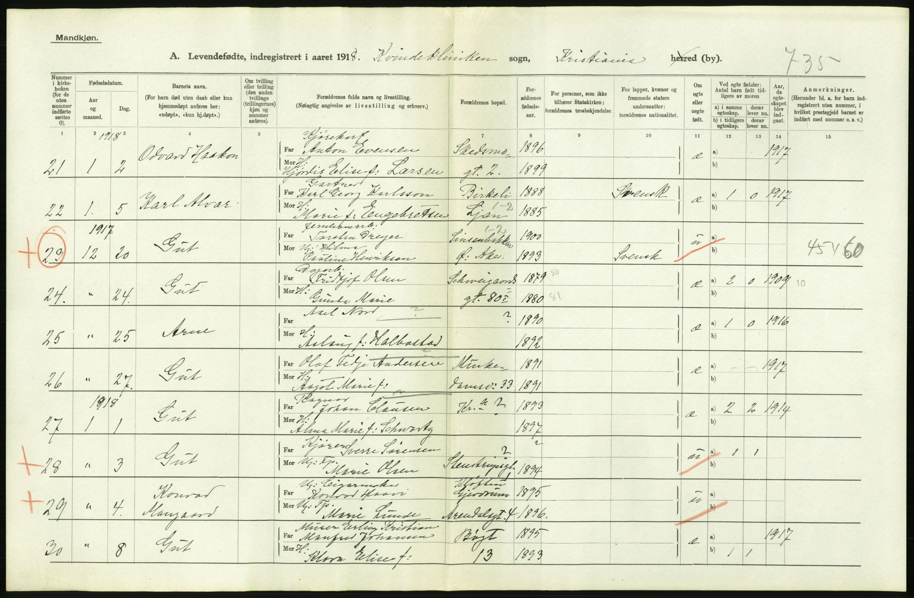 Statistisk sentralbyrå, Sosiodemografiske emner, Befolkning, AV/RA-S-2228/D/Df/Dfb/Dfbh/L0008: Kristiania: Levendefødte menn og kvinner., 1918, s. 394