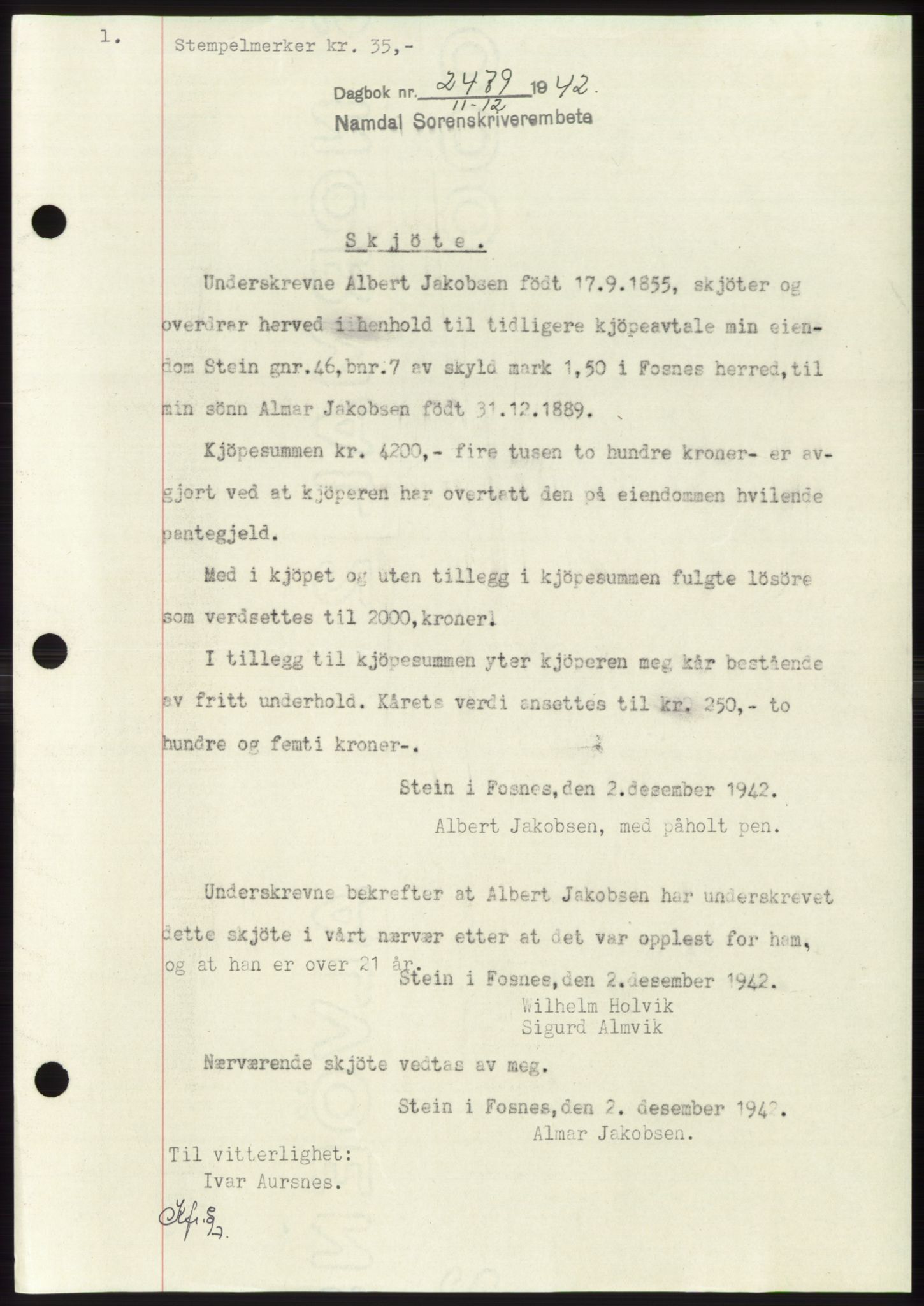 Namdal sorenskriveri, SAT/A-4133/1/2/2C: Pantebok nr. -, 1942-1943, Dagboknr: 2479/1942