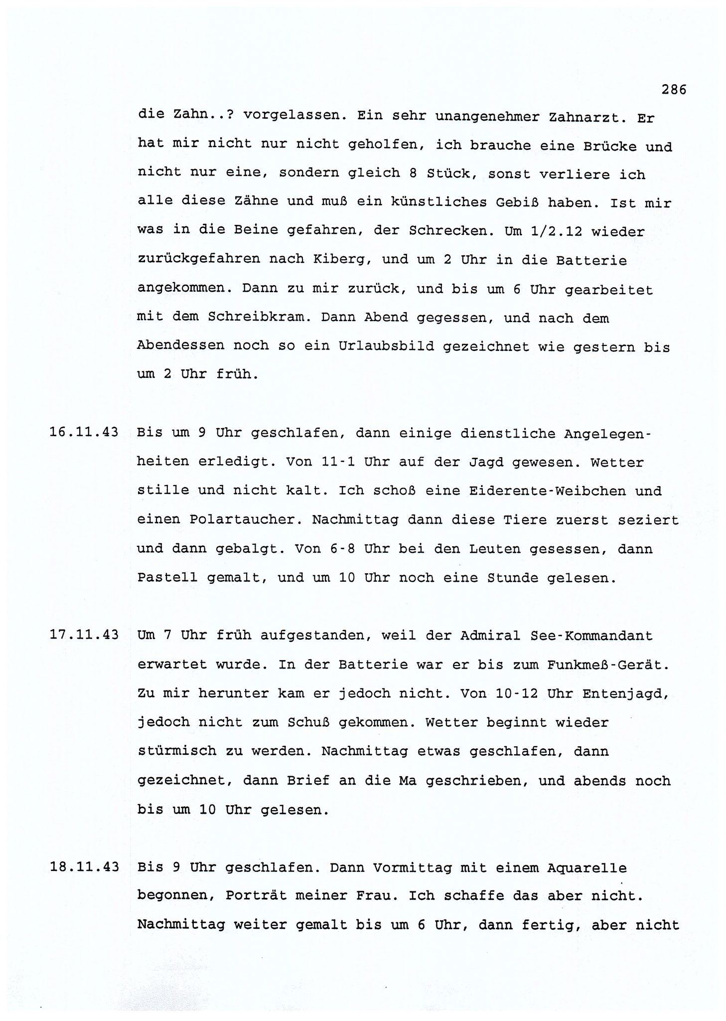 Dagbokopptegnelser av en tysk marineoffiser stasjonert i Norge , FMFB/A-1160/F/L0001: Dagbokopptegnelser av en tysk marineoffiser stasjonert i Norge, 1941-1944, s. 286