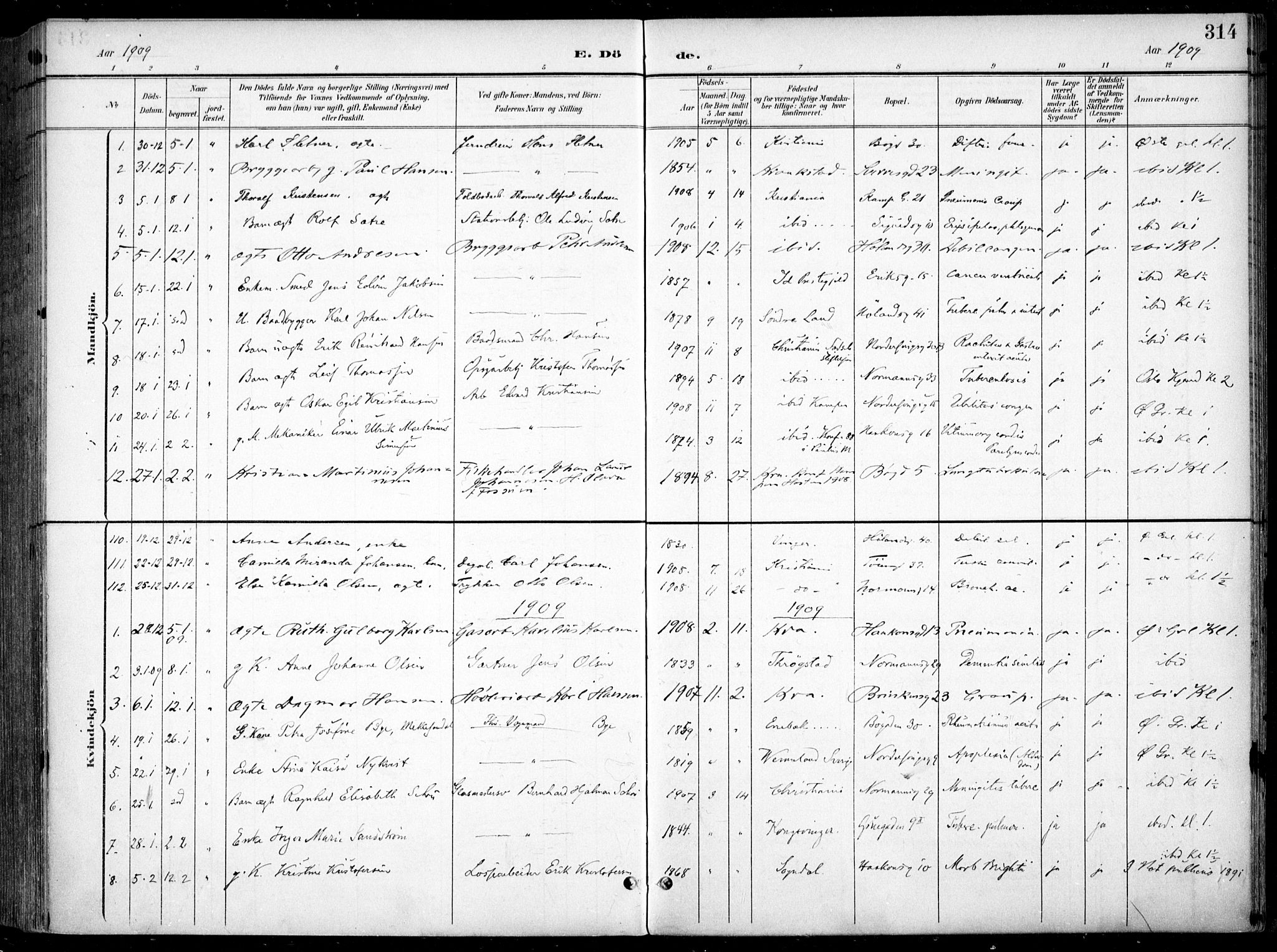 Kampen prestekontor Kirkebøker, AV/SAO-A-10853/F/Fa/L0009: Ministerialbok nr. I 9, 1899-1911, s. 314