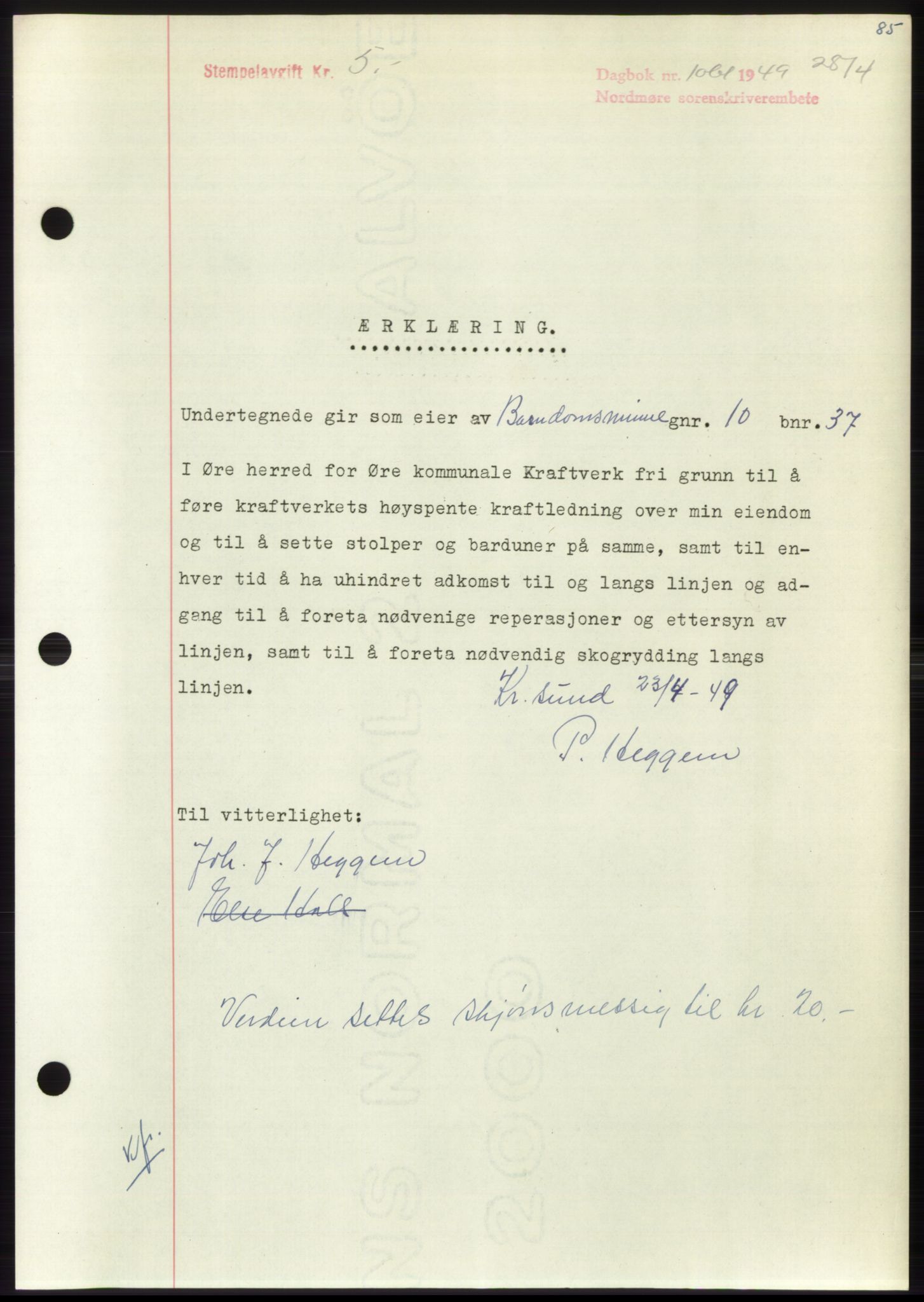 Nordmøre sorenskriveri, SAT/A-4132/1/2/2Ca: Pantebok nr. B101, 1949-1949, Dagboknr: 1061/1949