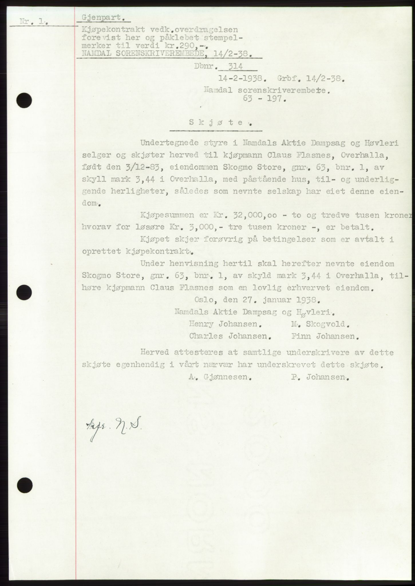 Namdal sorenskriveri, SAT/A-4133/1/2/2C: Pantebok nr. -, 1937-1939, Tingl.dato: 14.02.1938