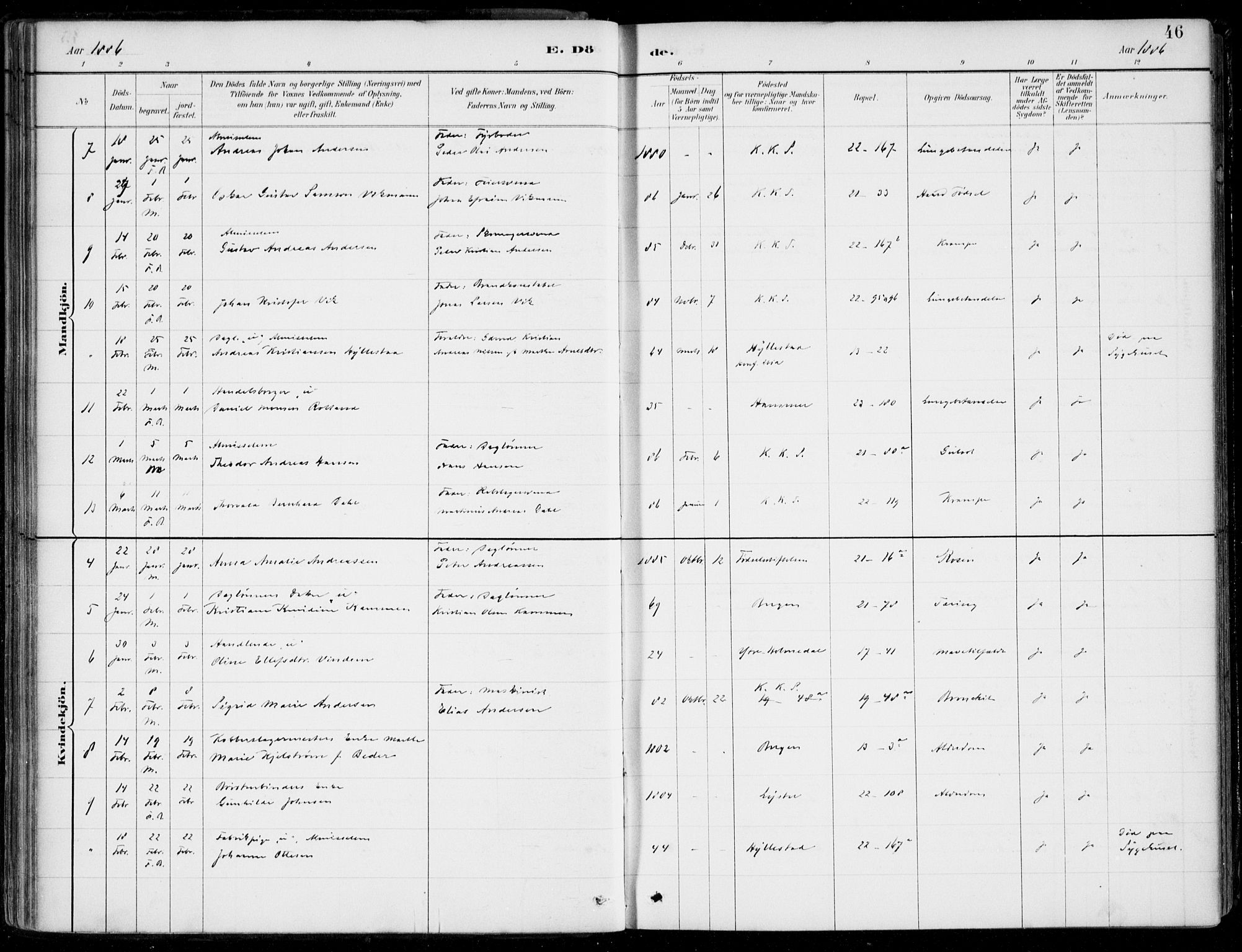 Korskirken sokneprestembete, SAB/A-76101/H/Hab: Klokkerbok nr. E 4, 1884-1910, s. 46
