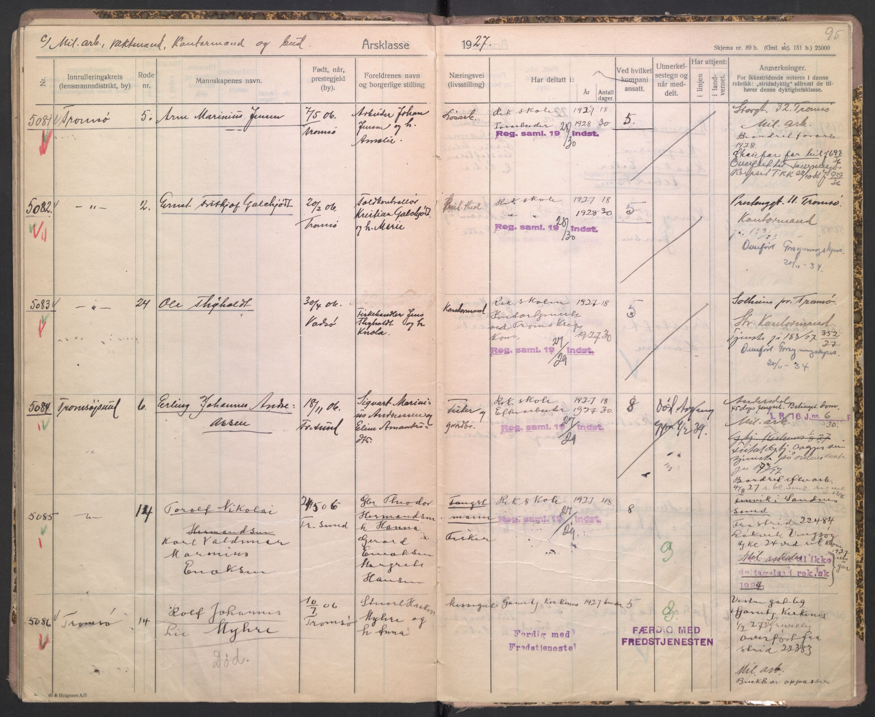 Forsvaret, Troms infanteriregiment nr. 16, AV/RA-RAFA-3146/P/Pa/L0004/0004: Ruller / Rulle for Bardu bataljons menige mannskaper, årsklasse 1927, 1927, s. 95