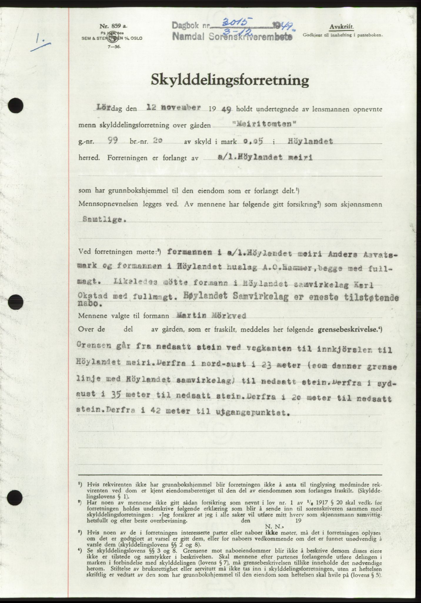 Namdal sorenskriveri, SAT/A-4133/1/2/2C: Pantebok nr. -, 1949-1949, Dagboknr: 3015/1949