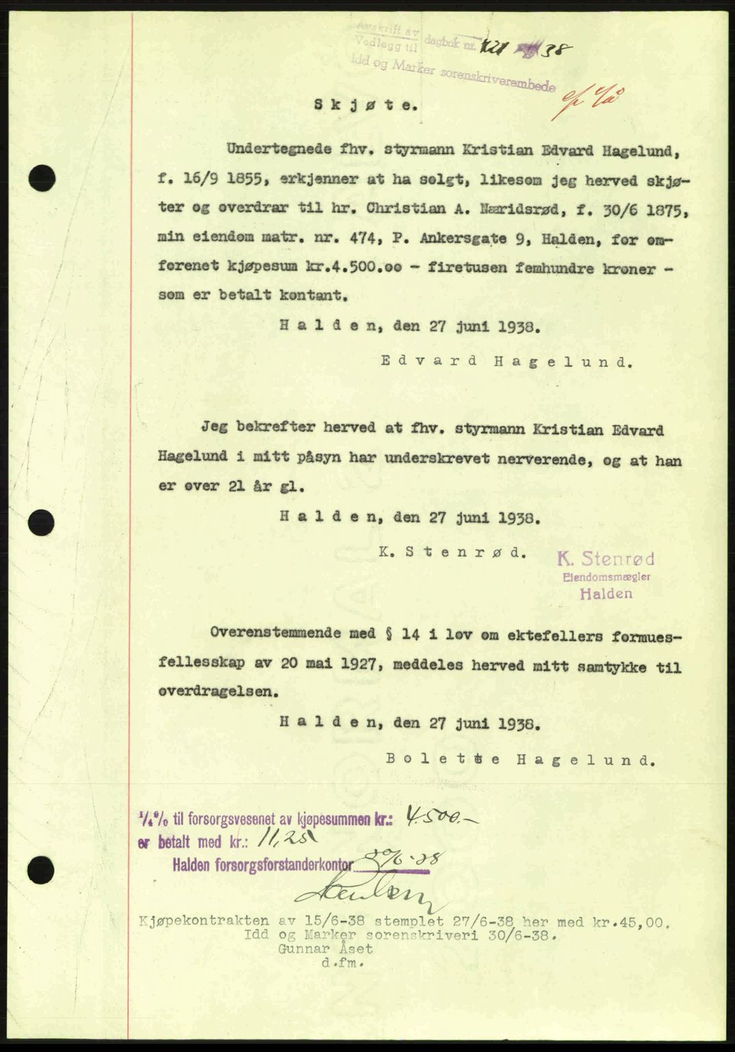 Idd og Marker sorenskriveri, AV/SAO-A-10283/G/Gb/Gbb/L0002: Pantebok nr. A2, 1937-1938, Dagboknr: 721/1938