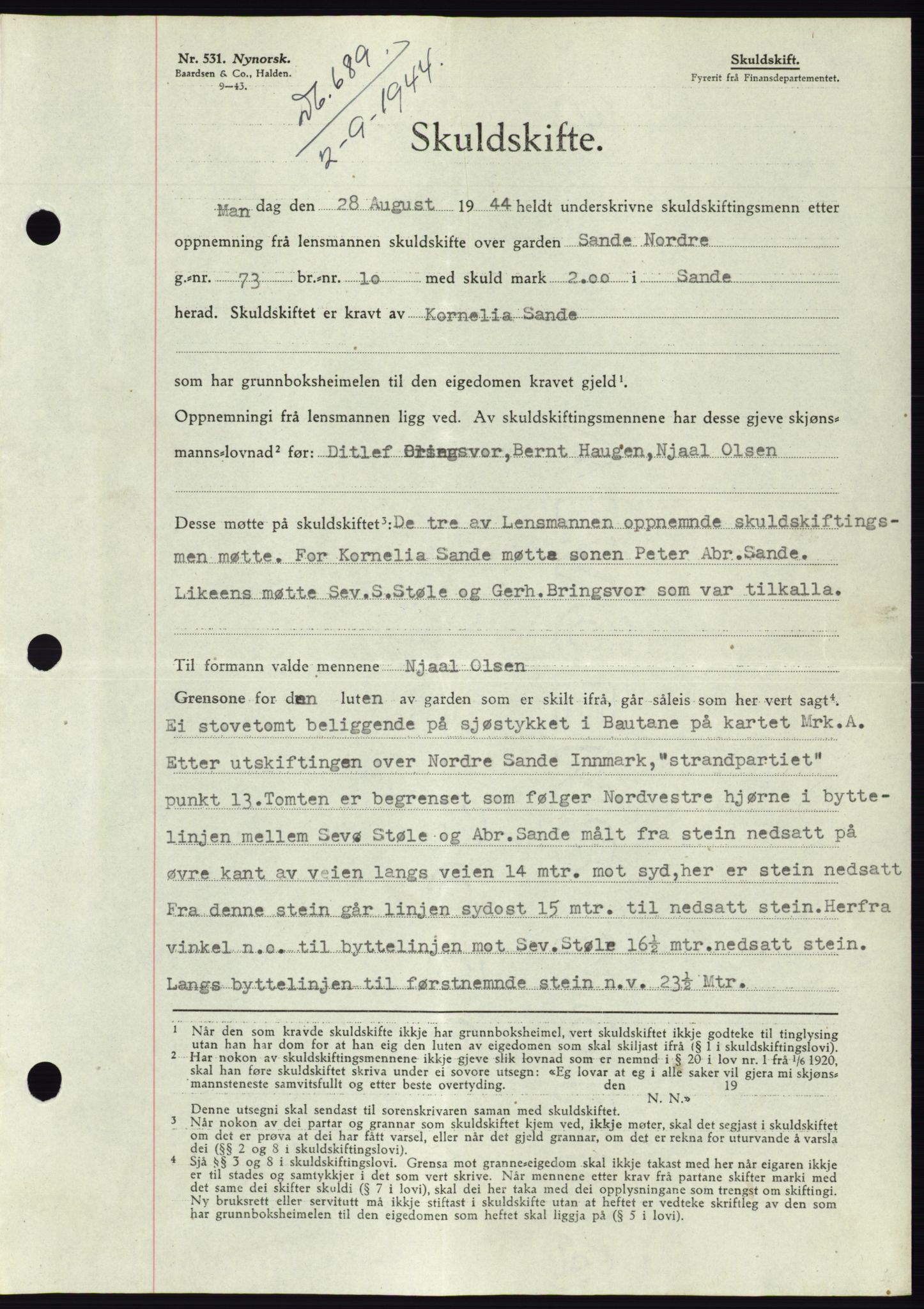 Søre Sunnmøre sorenskriveri, AV/SAT-A-4122/1/2/2C/L0076: Pantebok nr. 2A, 1943-1944, Dagboknr: 689/1944