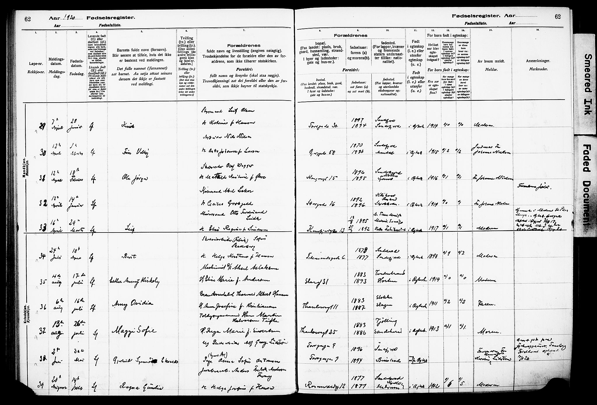 Sandefjord kirkebøker, AV/SAKO-A-315/J/Ja/L0001: Fødselsregister nr. 1, 1916-1932, s. 62