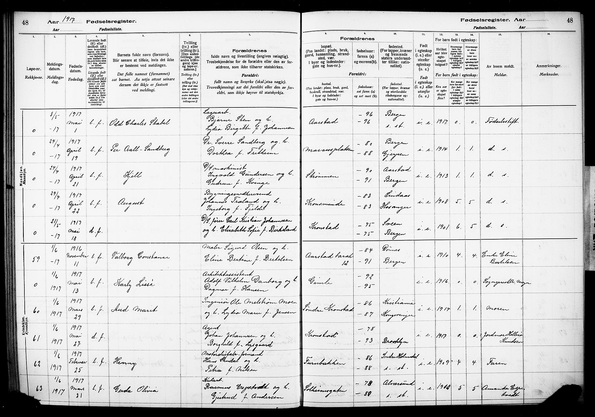 Årstad Sokneprestembete, AV/SAB-A-79301/I/Id/L0A01: Fødselsregister nr. A 1, 1916-1920, s. 48