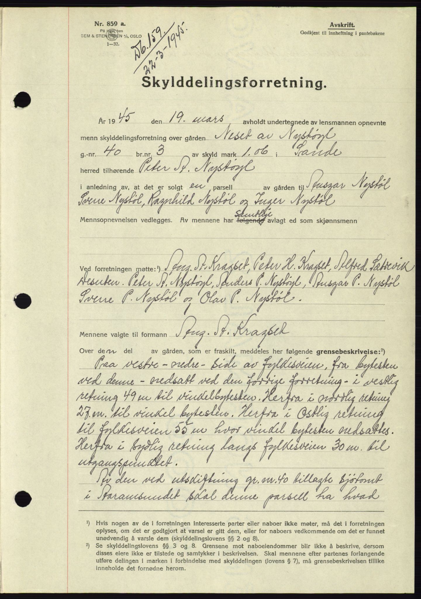 Søre Sunnmøre sorenskriveri, AV/SAT-A-4122/1/2/2C/L0077: Pantebok nr. 3A, 1945-1946, Dagboknr: 159/1945
