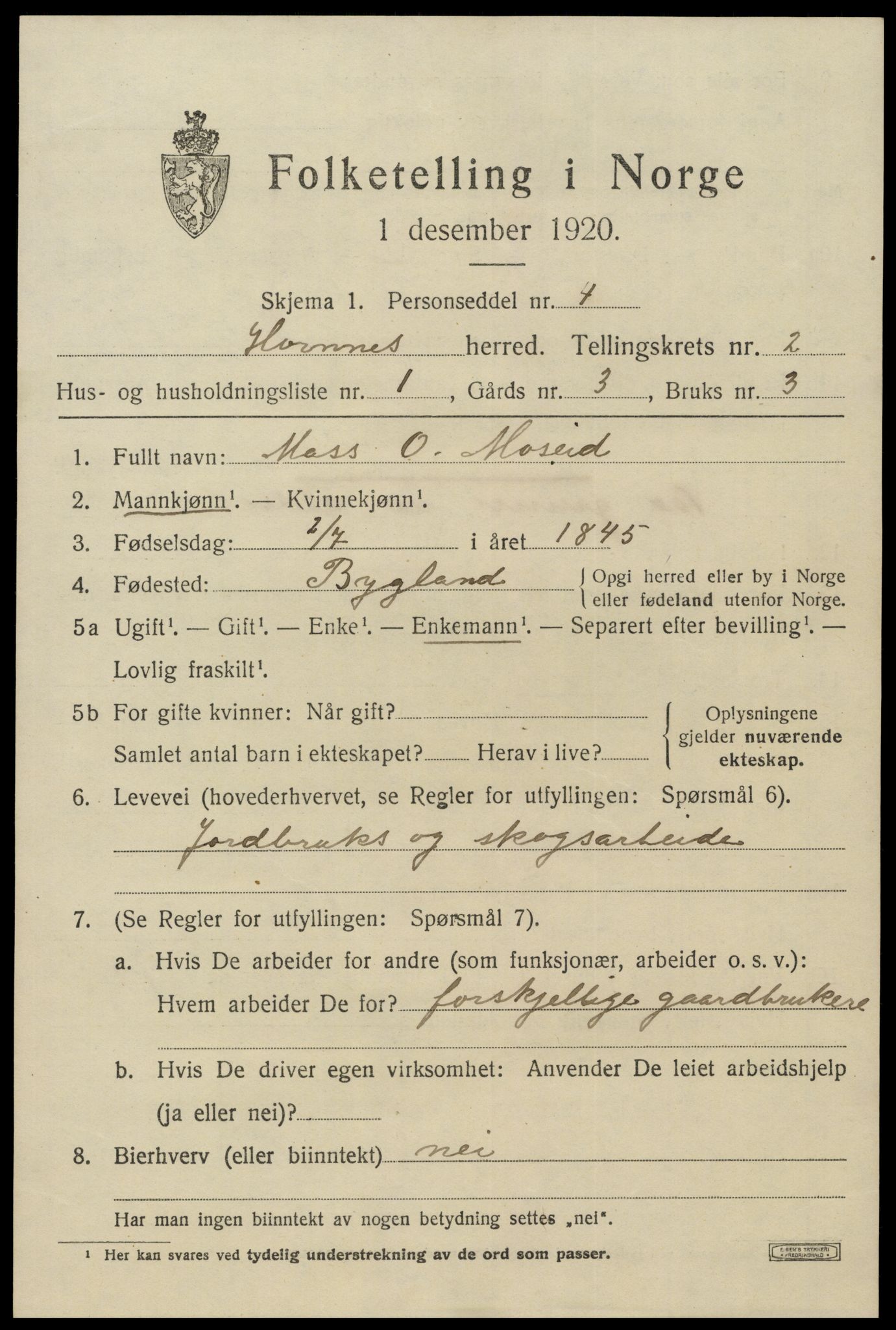 SAK, Folketelling 1920 for 0936 Hornnes herred, 1920, s. 707