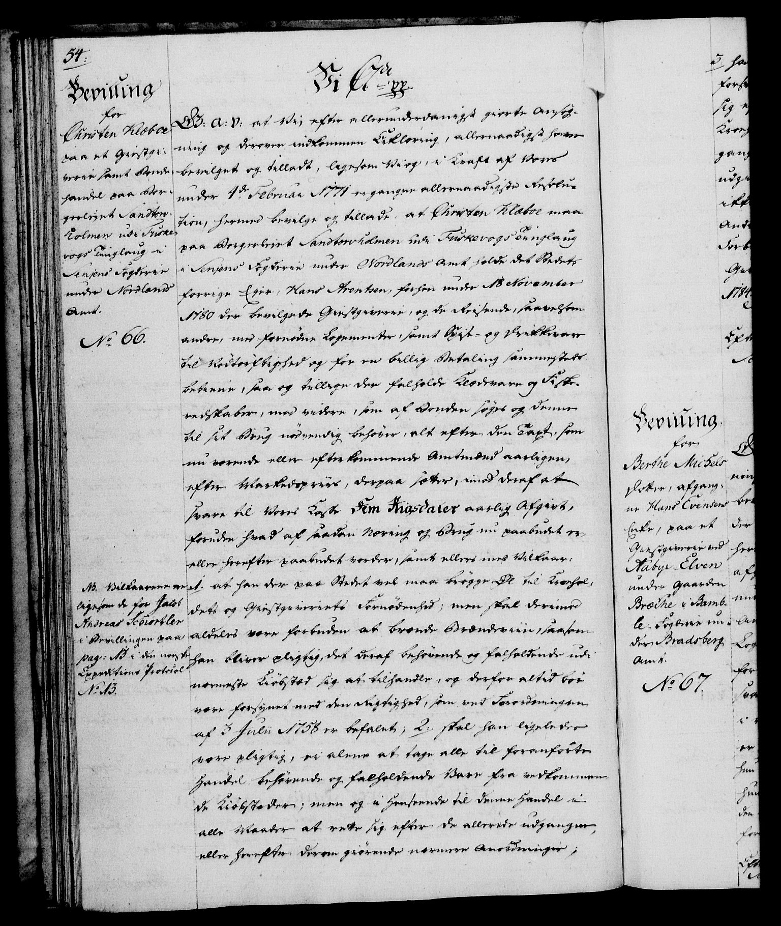 Rentekammeret, Kammerkanselliet, RA/EA-3111/G/Gg/Gga/L0013: Norsk ekspedisjonsprotokoll med register (merket RK 53.13), 1784-1787, s. 54