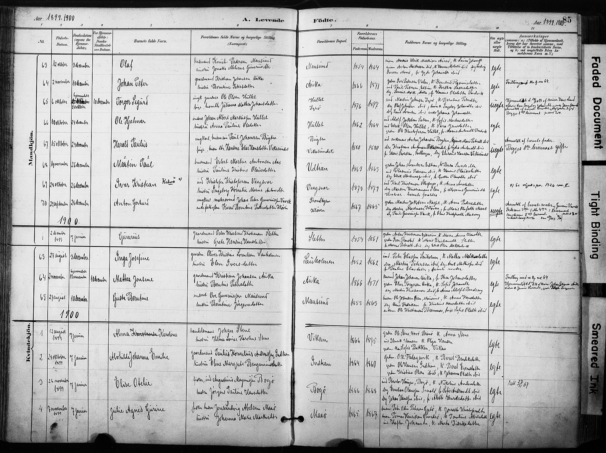 Ministerialprotokoller, klokkerbøker og fødselsregistre - Sør-Trøndelag, SAT/A-1456/640/L0579: Ministerialbok nr. 640A04, 1889-1902, s. 85