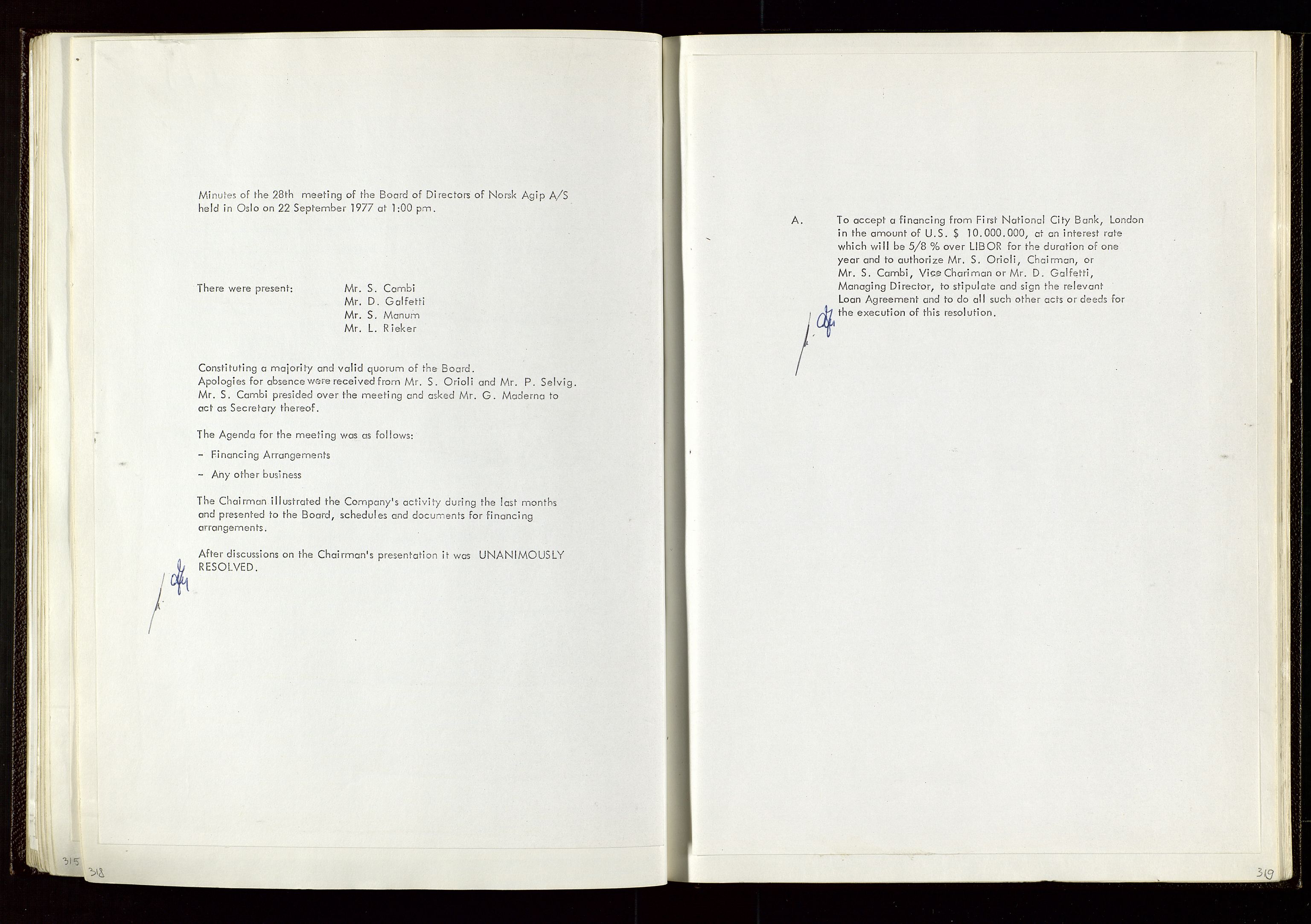 Pa 1583 - Norsk Agip AS, AV/SAST-A-102138/A/Aa/L0002: General assembly and Board of Directors meeting minutes, 1972-1979, s. 318-319