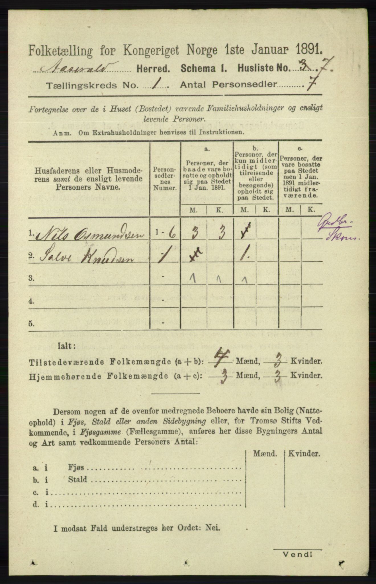 RA, Folketelling 1891 for 1026 Åseral herred, 1891, s. 23