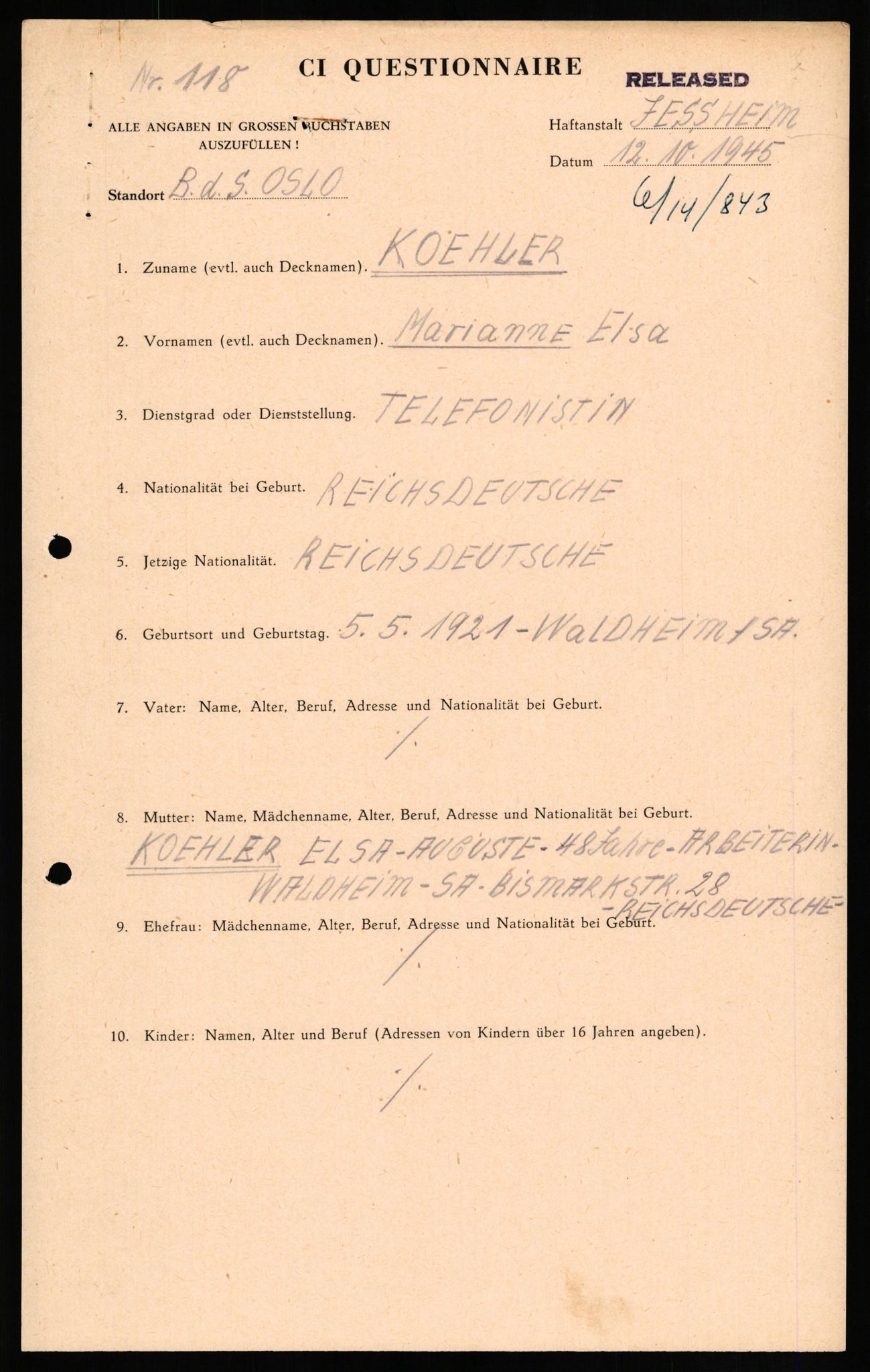 Forsvaret, Forsvarets overkommando II, RA/RAFA-3915/D/Db/L0017: CI Questionaires. Tyske okkupasjonsstyrker i Norge. Tyskere., 1945-1946, s. 397