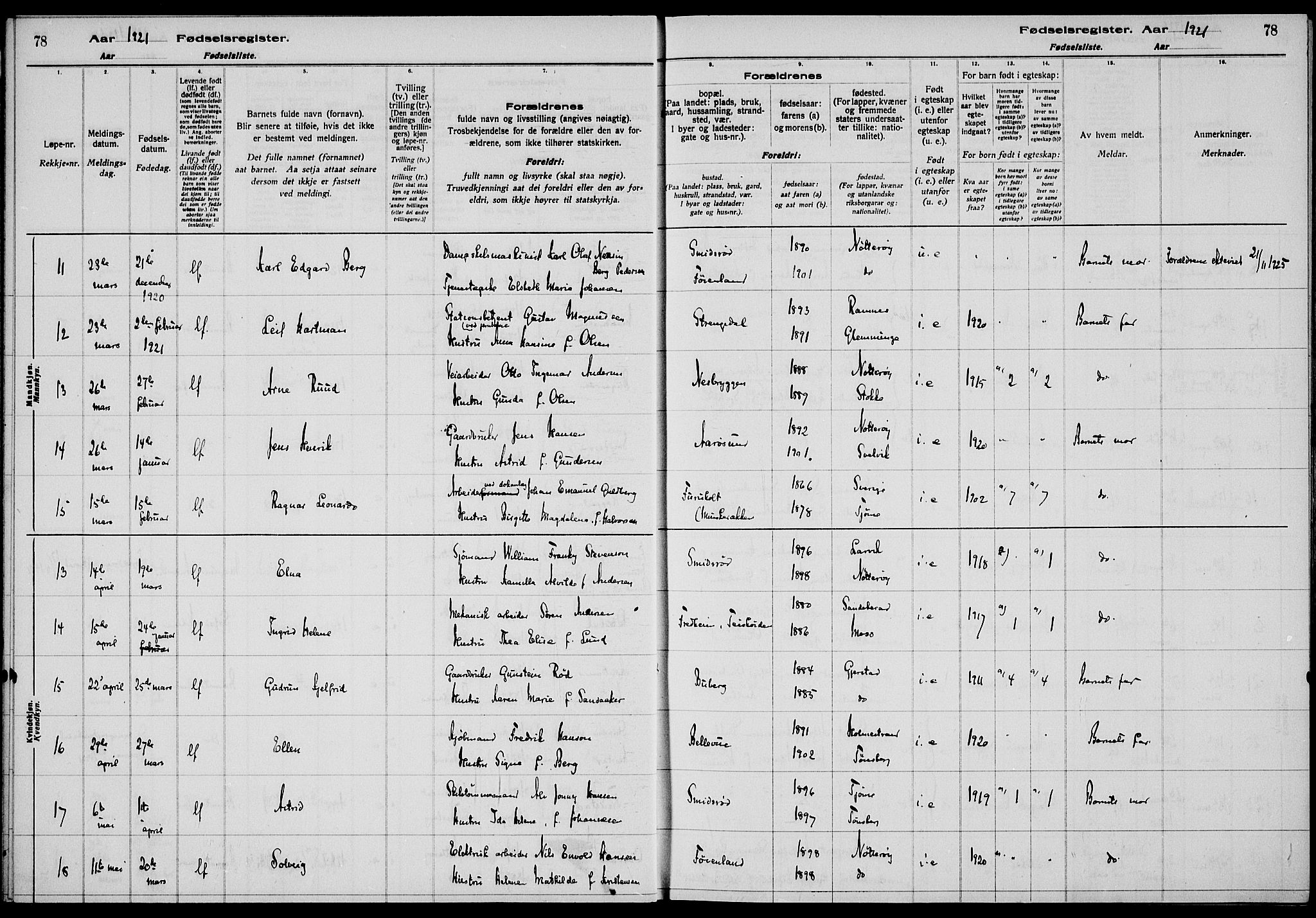 Nøtterøy kirkebøker, AV/SAKO-A-354/J/Ja/L0001: Fødselsregister nr. 1, 1916-1928, s. 78