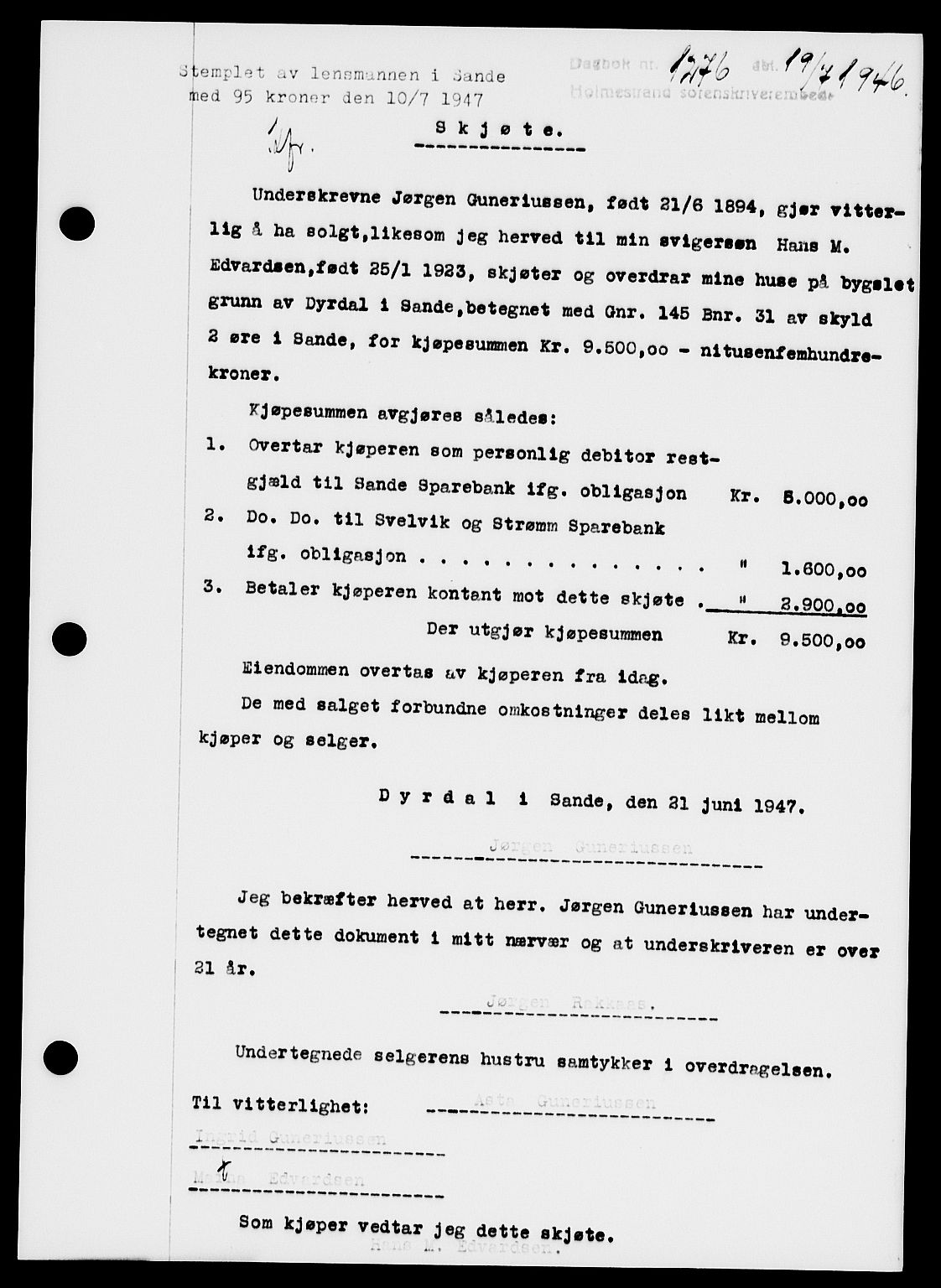 Holmestrand sorenskriveri, SAKO/A-67/G/Ga/Gaa/L0062: Pantebok nr. A-62, 1947-1947, Dagboknr: 1276/1947