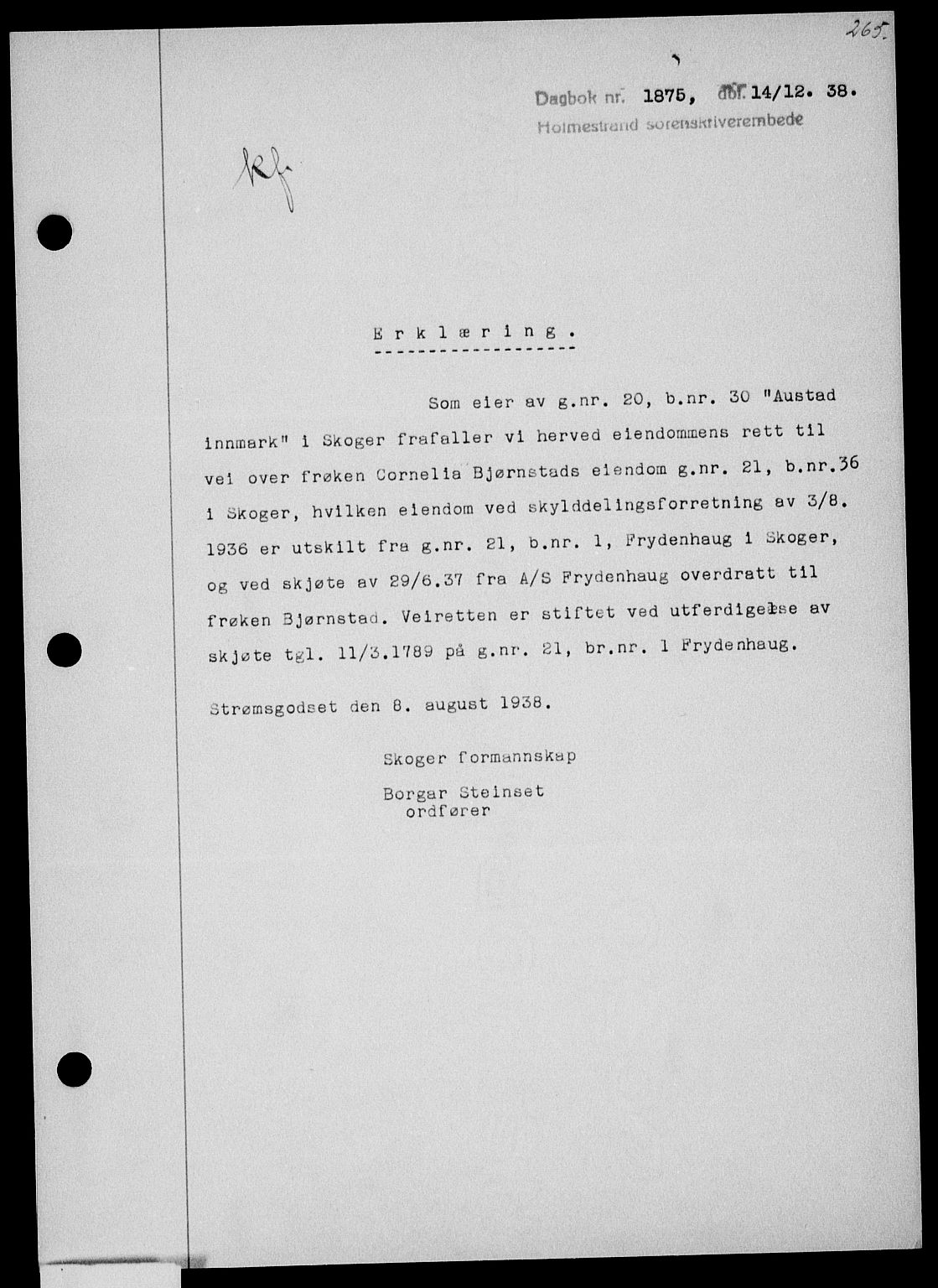 Holmestrand sorenskriveri, SAKO/A-67/G/Ga/Gaa/L0050: Pantebok nr. A-50, 1938-1939, Dagboknr: 1875/1938
