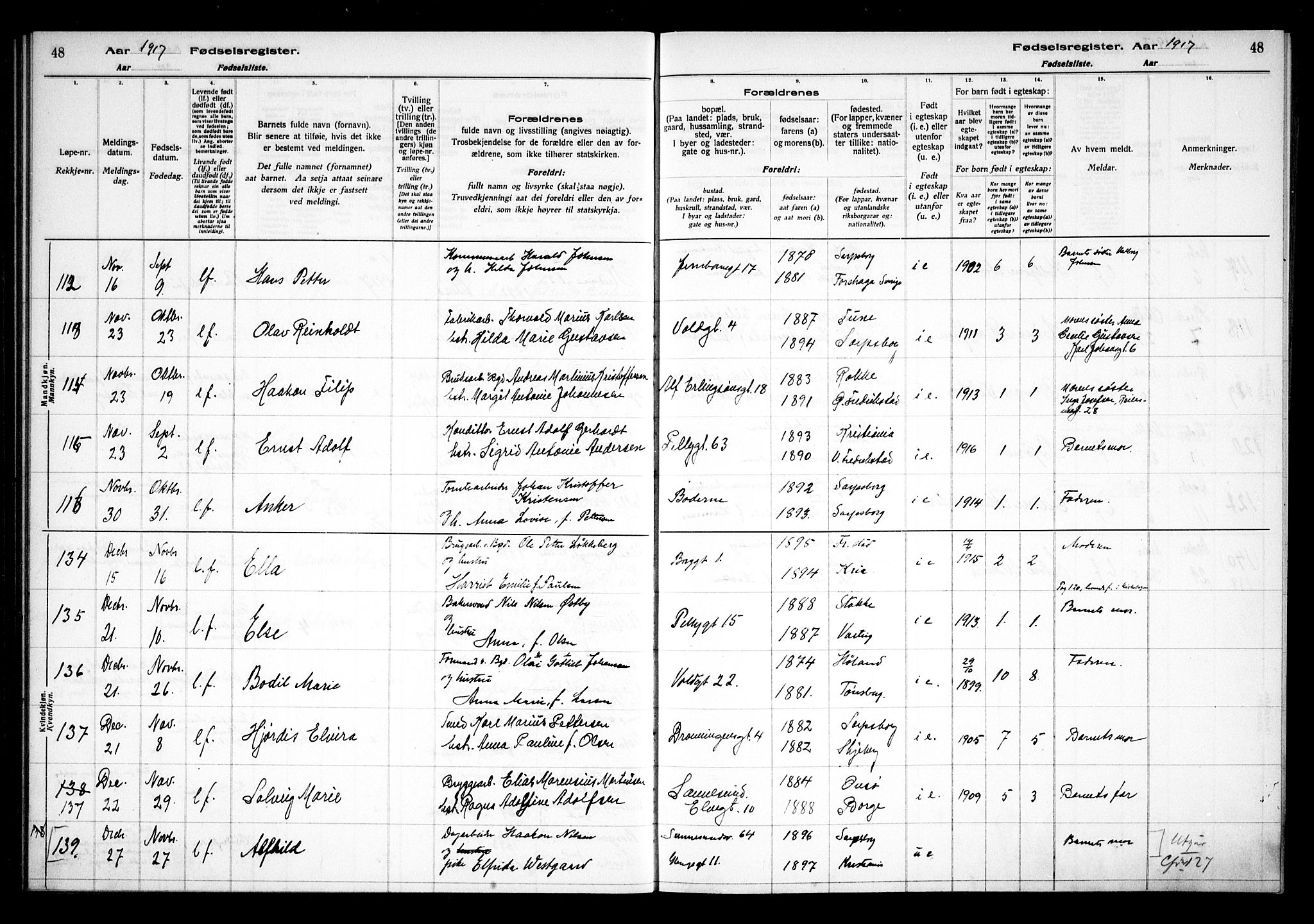 Sarpsborg prestekontor Kirkebøker, SAO/A-2006/J/Ja/L0001: Fødselsregister nr. 1, 1916-1922, s. 48