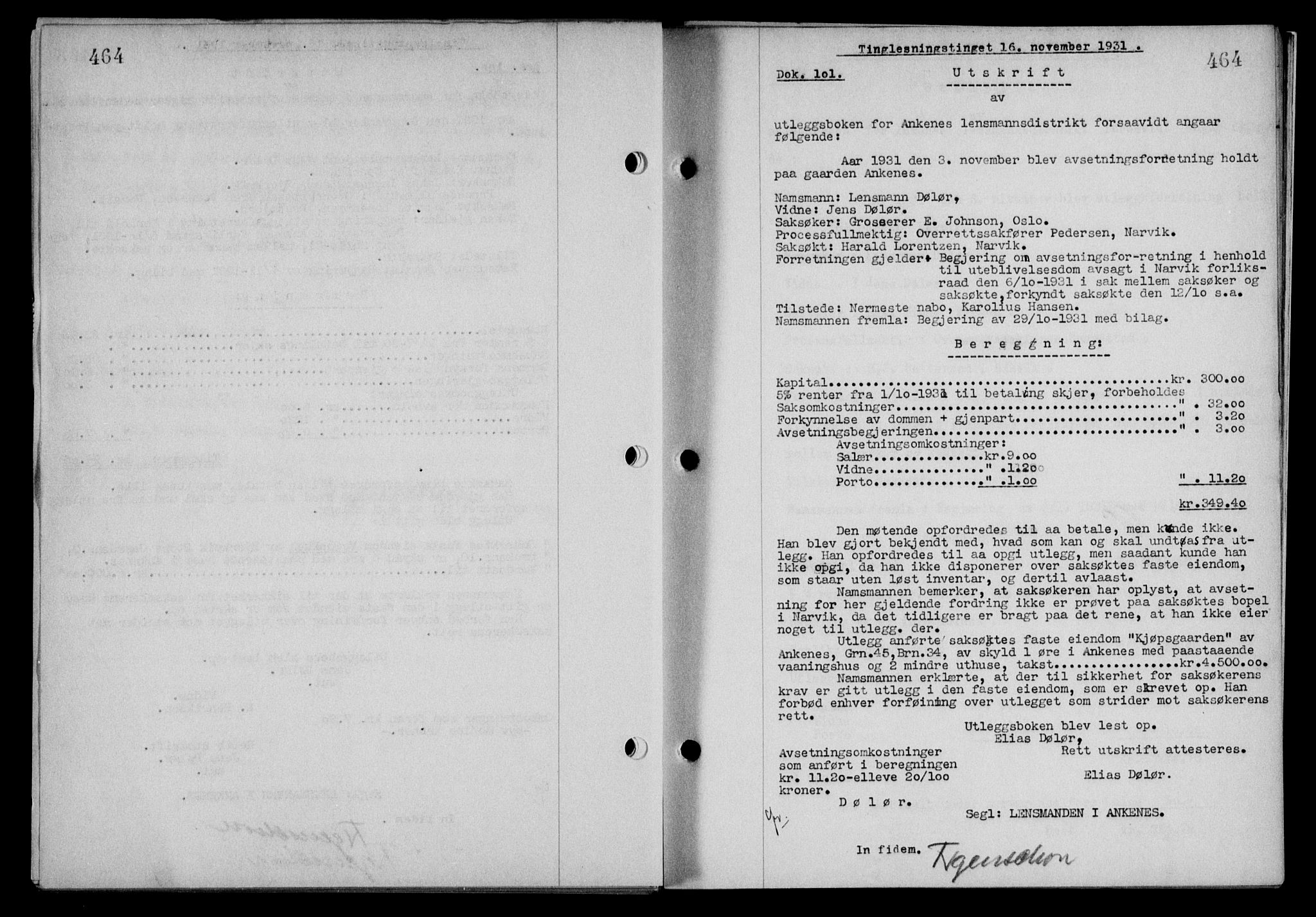 Steigen og Ofoten sorenskriveri, SAT/A-0030/1/2/2C/L0019: Pantebok nr. 22, 1931-1931, Tingl.dato: 16.11.1931