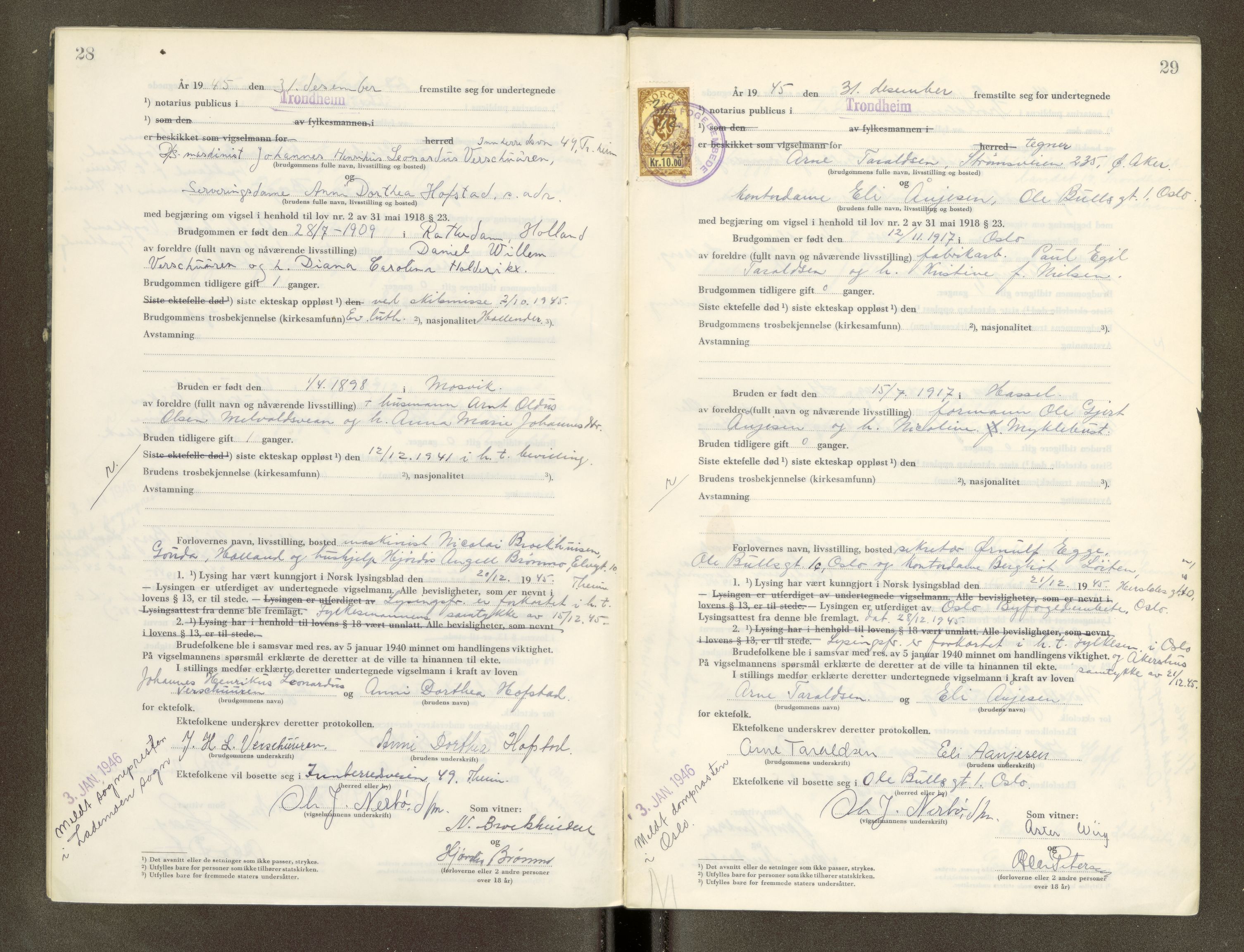 Trondheim byfogd, AV/SAT-A-0003/1/6/6D/L0005: Vigselbøker, 1944-1948, s. 28-29