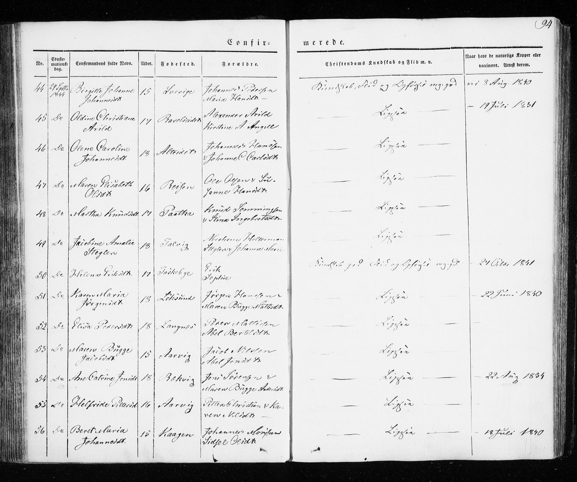 Skjervøy sokneprestkontor, AV/SATØ-S-1300/H/Ha/Haa/L0005kirke: Ministerialbok nr. 5, 1838-1847, s. 94