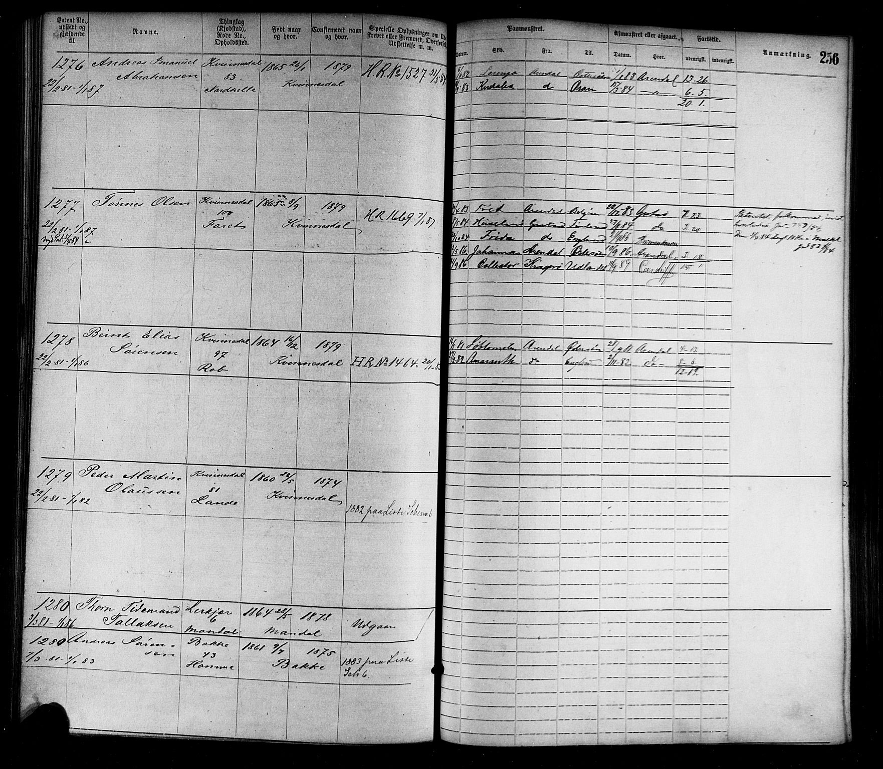 Flekkefjord mønstringskrets, AV/SAK-2031-0018/F/Fa/L0002: Annotasjonsrulle nr 1-1920 med register, N-2, 1870-1891, s. 284