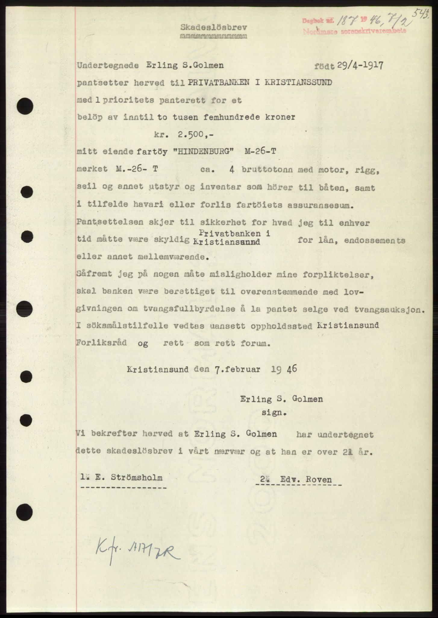 Nordmøre sorenskriveri, SAT/A-4132/1/2/2Ca: Pantebok nr. B93b, 1946-1946, Dagboknr: 187/1946